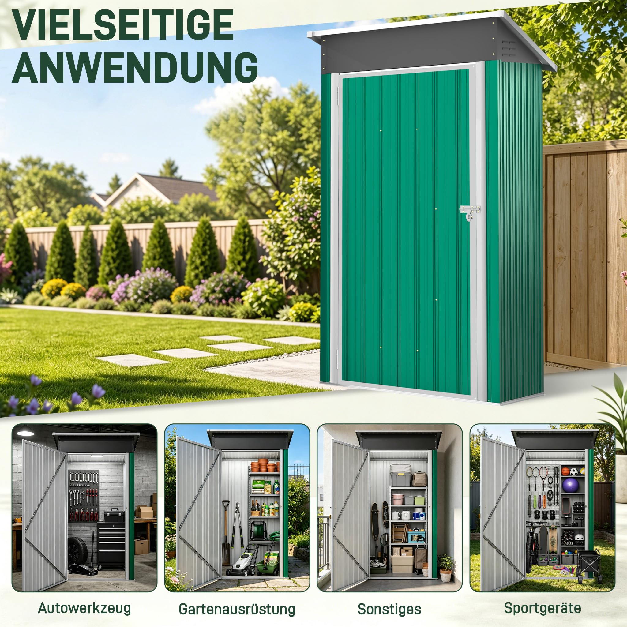 Caseta de jardín de metal, 96 x 75 x 185 cm, resistente a la intemperie, con cerradura con tejado, caseta de jardín, herramientas para exteriores, cobertizo para patio trasero, terraza