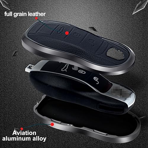Miniatura 4 de SK CUSTOM Funda de piel negra y aluminio compatible con Porsche Macan Cayenne Panamera 911 con 3 botones sin llave (llave antigua)