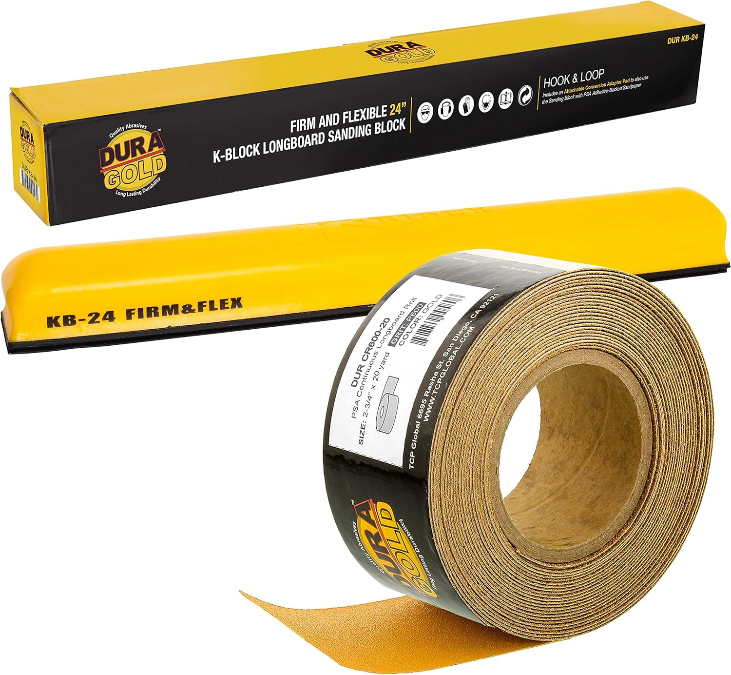 Dura-Gold Pro Series 24" K-Block Sander Firm & Flex XL Longboard Hand Sanding Block Pad with Hook & Loop Backing and PSA Adapter Pad & 600 Grit Sandpaper Roll