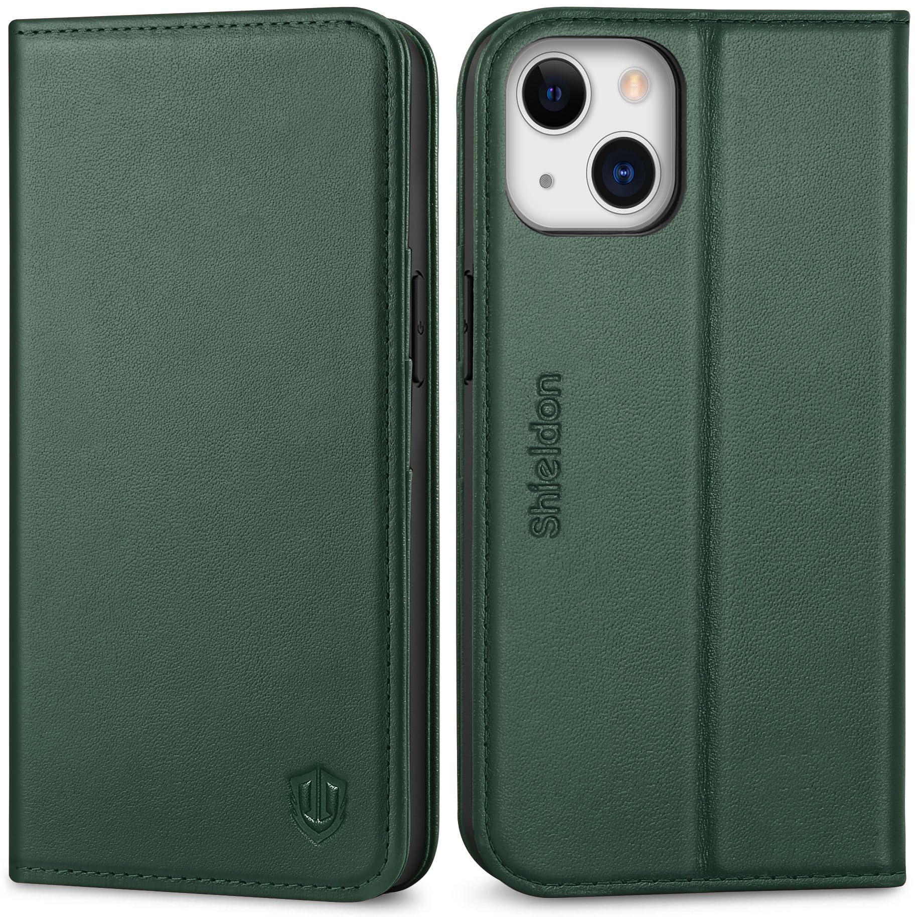 SHIELDON Case for iPhone 13, Genuine Leather Wallet Folding Case with Kickstand RFID Blocking Card Slots Magnetic Shockproof Cover Compatible with