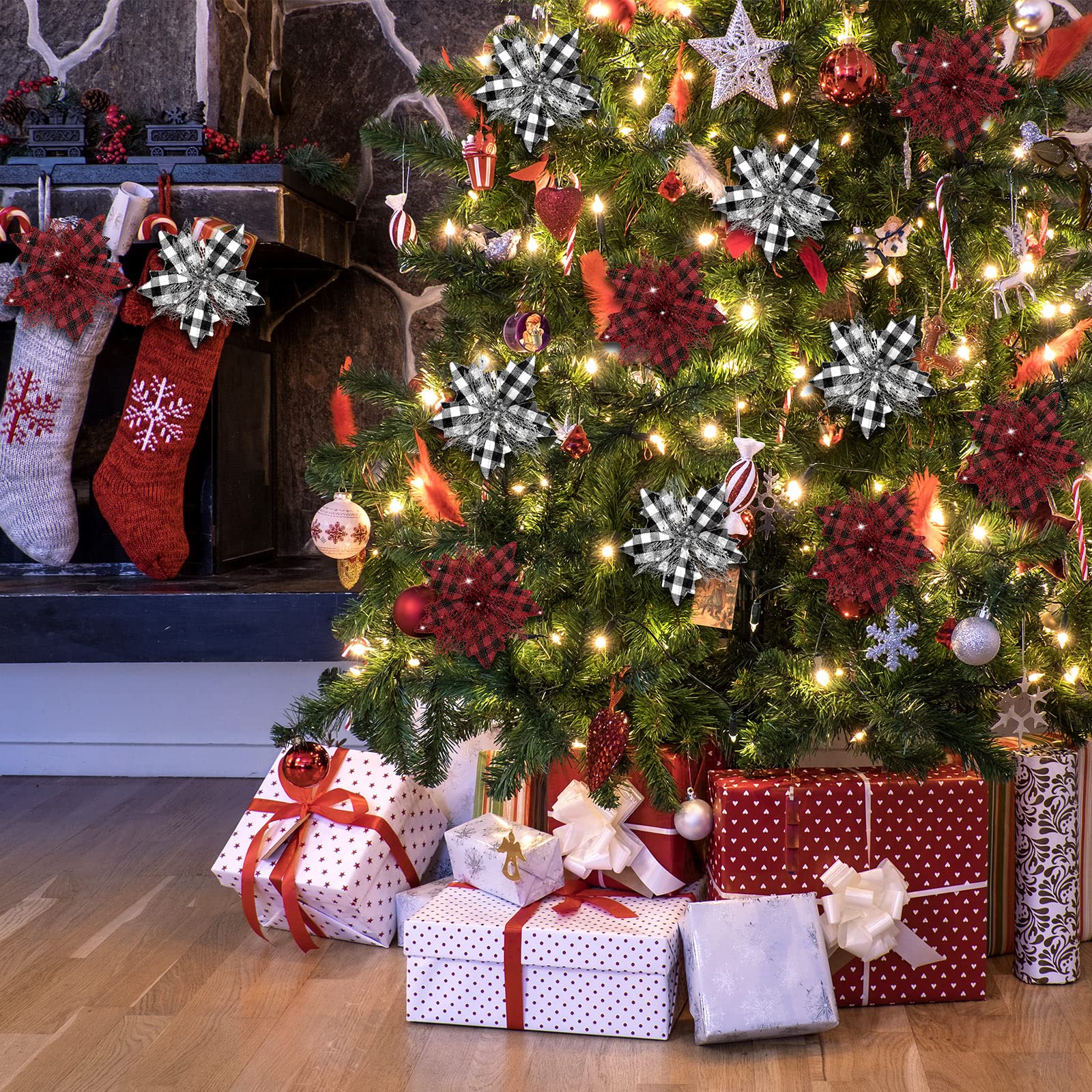 Nœud Topper de Sapin de Noël Large Ornements d'arbre de Noël Suspendus Décoratifs et 6,7 Pouces Fleurs de Noël Artificielles (Carreaux Rouges Noirs et Carreaux Noirs Blancs, 13 x 30 Pouces)
