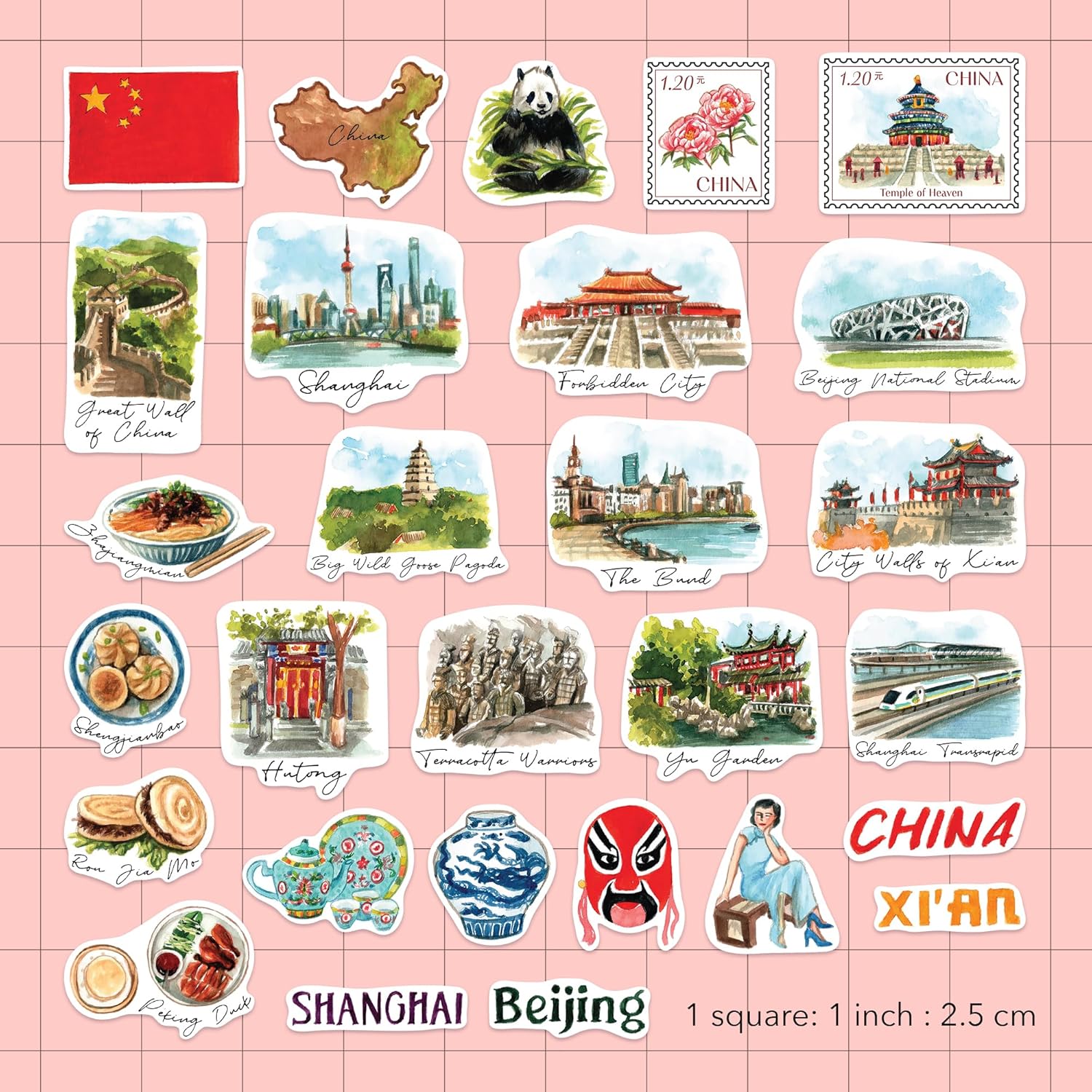 Navy Peony Ancient China Travel Stickers (28pcs) - Watercolor, Waterproof, Chinese-Themed Vacation Decals for Journals, Scrapbooks, Luggage, Tumbler - Image 2