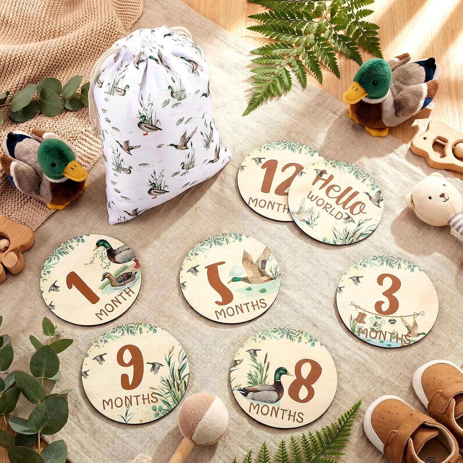 Novabright 7 Pack Mallard Duck Baby Shower Monthly Milestone Cards Signs Baby Announcement Sign Name Hello World Newborn Signs Wooden Double Sided for Welcome Newborn Shower Boy Girl Photo Props