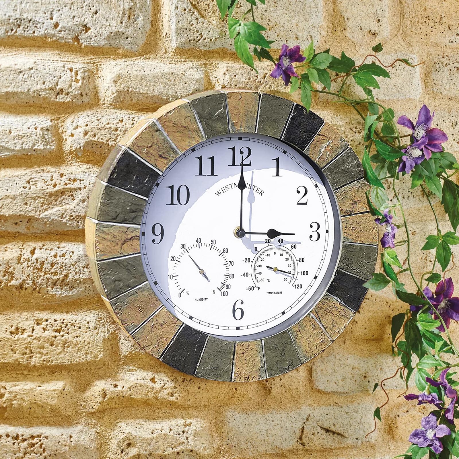 Homezone Garden Mile Westminster 10inch Garden Clock and Thermometer, Garden Wall Features Waterproof Clocks Durable Garden Decorations Clock for Patio, Kitchen, Livingroom Décor (stone slate clock)