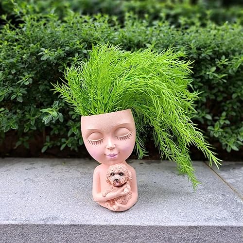 Miniatura 4 de Macetero de cara de dama, macetas para abrazar a un perro, bricolaje para interiores y exteriores, maceta de cabeza de resina con orificio de