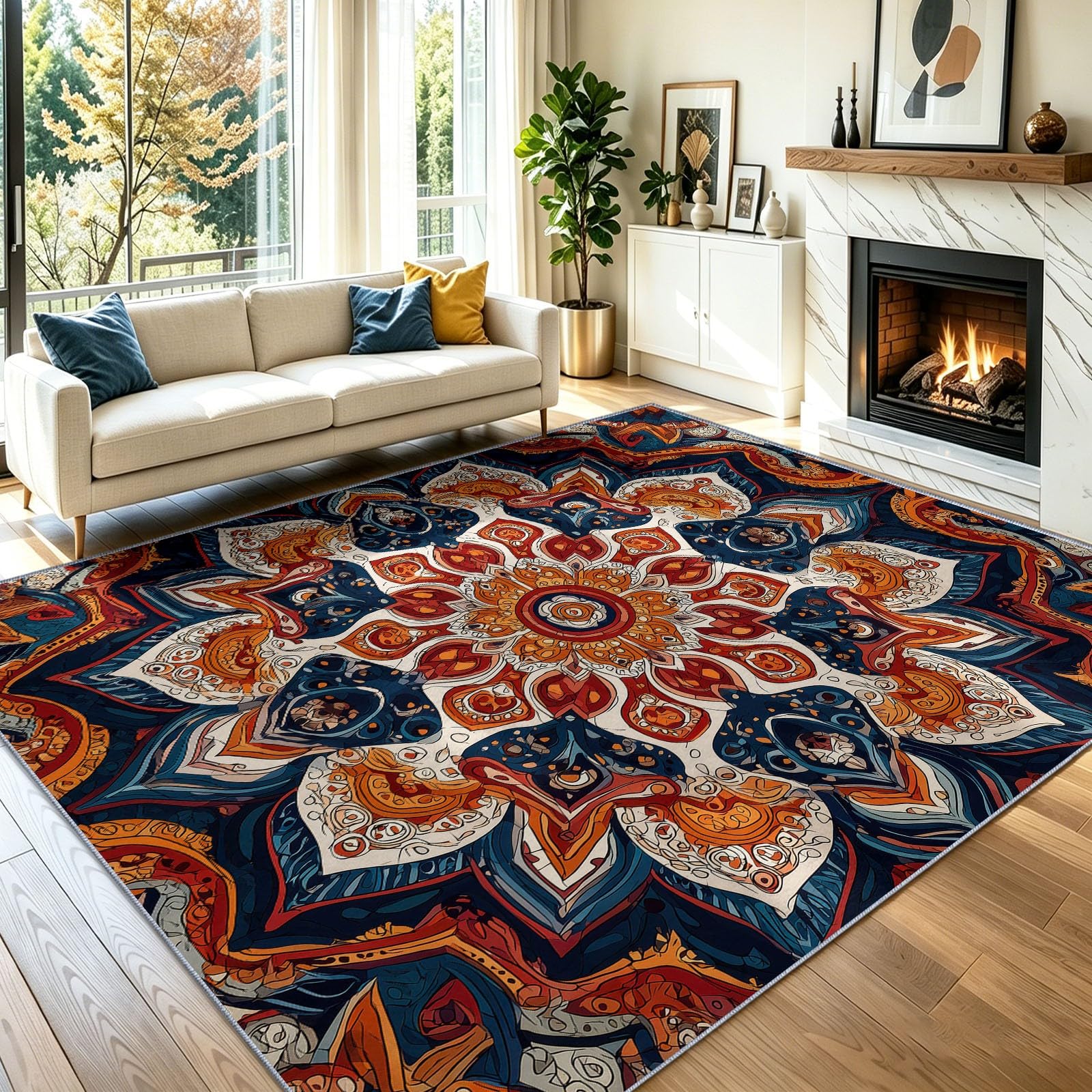 Tapis Doux Ethnique Bohème 180x240 cm, Bleu Marine Foncé Tapis Salon Chambre Cuisine Salle à Manger Bureau Salle de Bain, Géométrique Fleurs Mandala Lavable Doux Poils Courts Antidérapant Rug