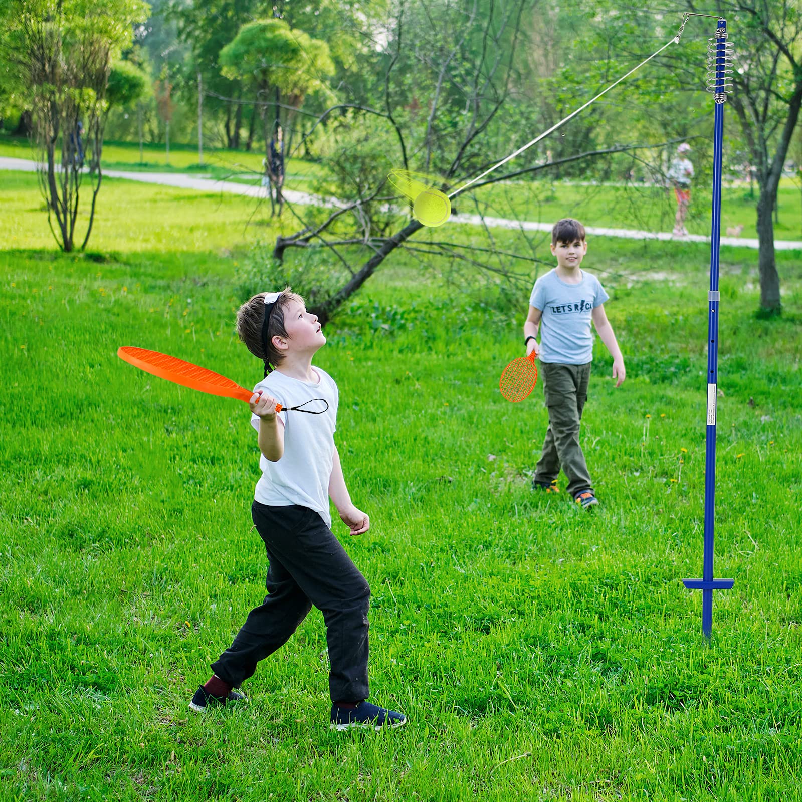 COSTWAY 3-stufig höhenverstellbares Tetherball Set, Twistball Set inkl. Ball｜2 Schlägern｜120cm Schnur, Tennisball an Schnur, Tennis Spiel für Solo und Team