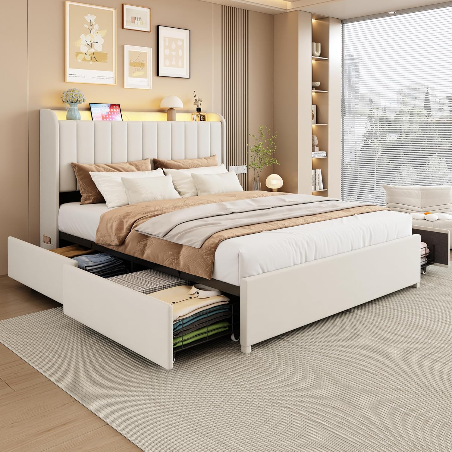 Queen Bed Frame with 4 Storage Drawers, LED Bed Frame with Charging Station, Velvet Channel Tufted Upholstered Headboard, Wood Slats Support Noise-Free, No Box Spring Needed, Beige