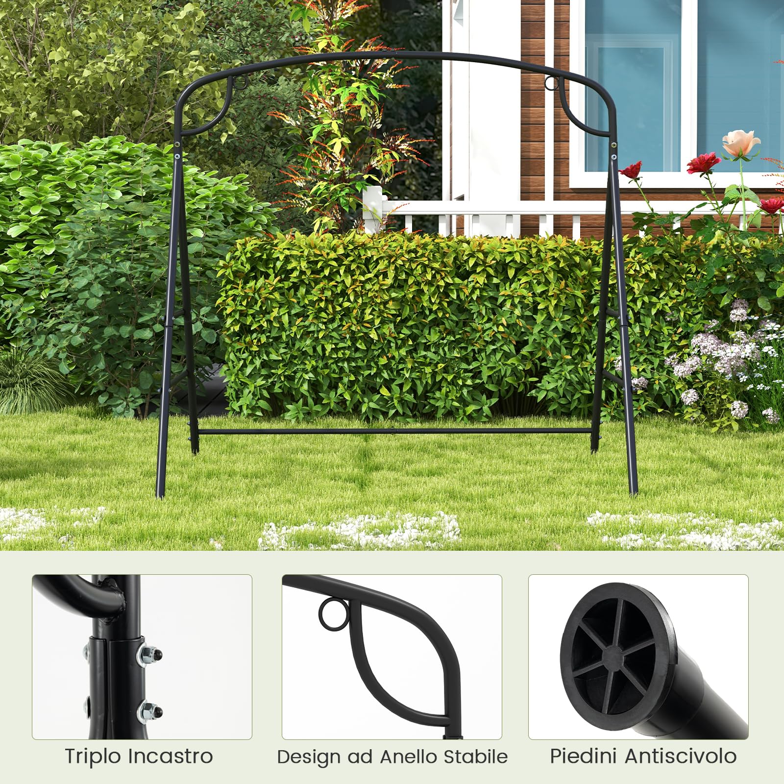 RELAX4LIFE Supporto Altalena/Panca Sospesa in Metallo con 2 Anelli di Sospensione, Portata di 300 kg, Forma a A per Interno ed Esterno,180 x 133 x 182 cm