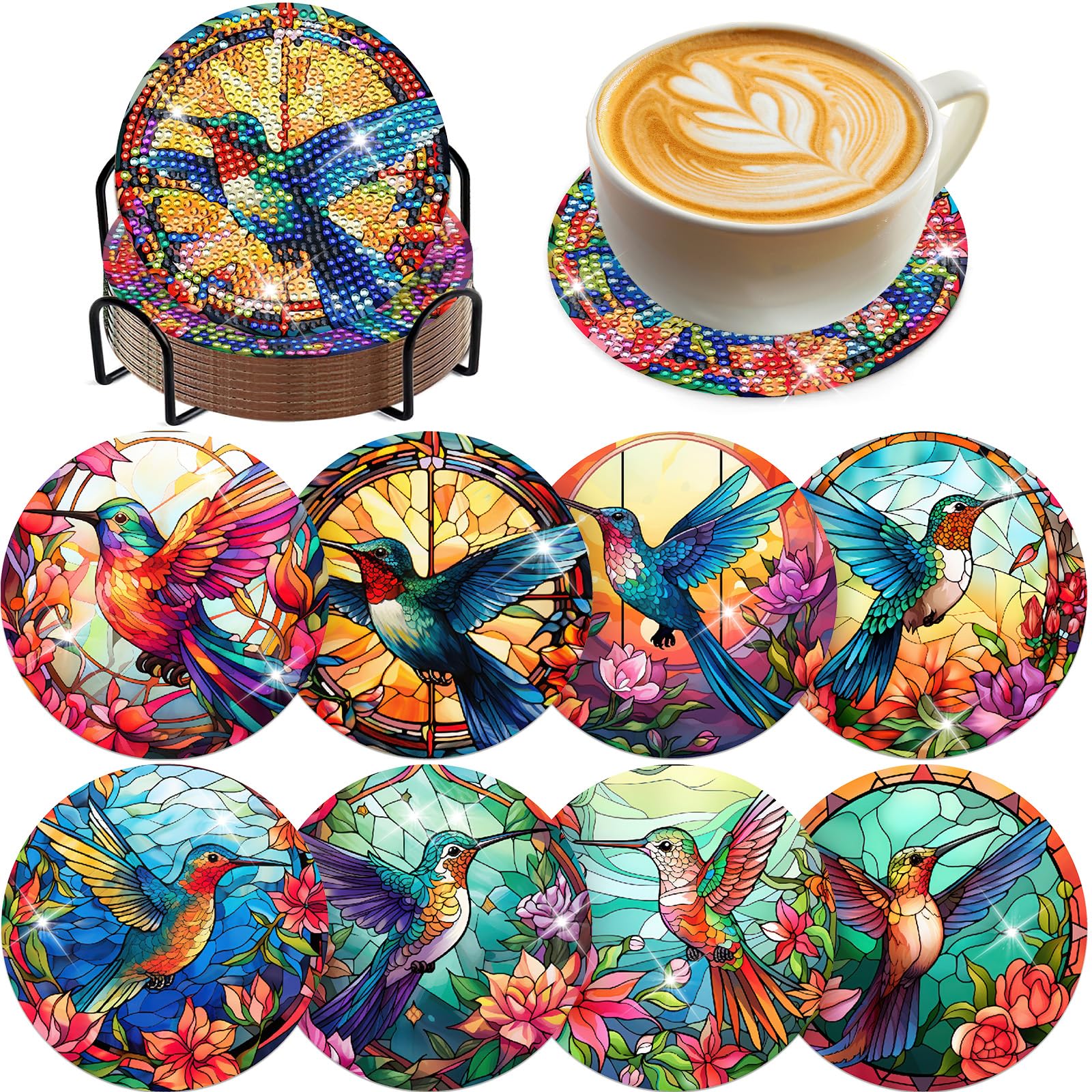 INCOK Hummingbird Diamond Art Coasters - 8 PCS Glass Diamond Painting Kits DIY Colorful Coffee Coaster Art Craft Supplies Table Decor Birthday Gift