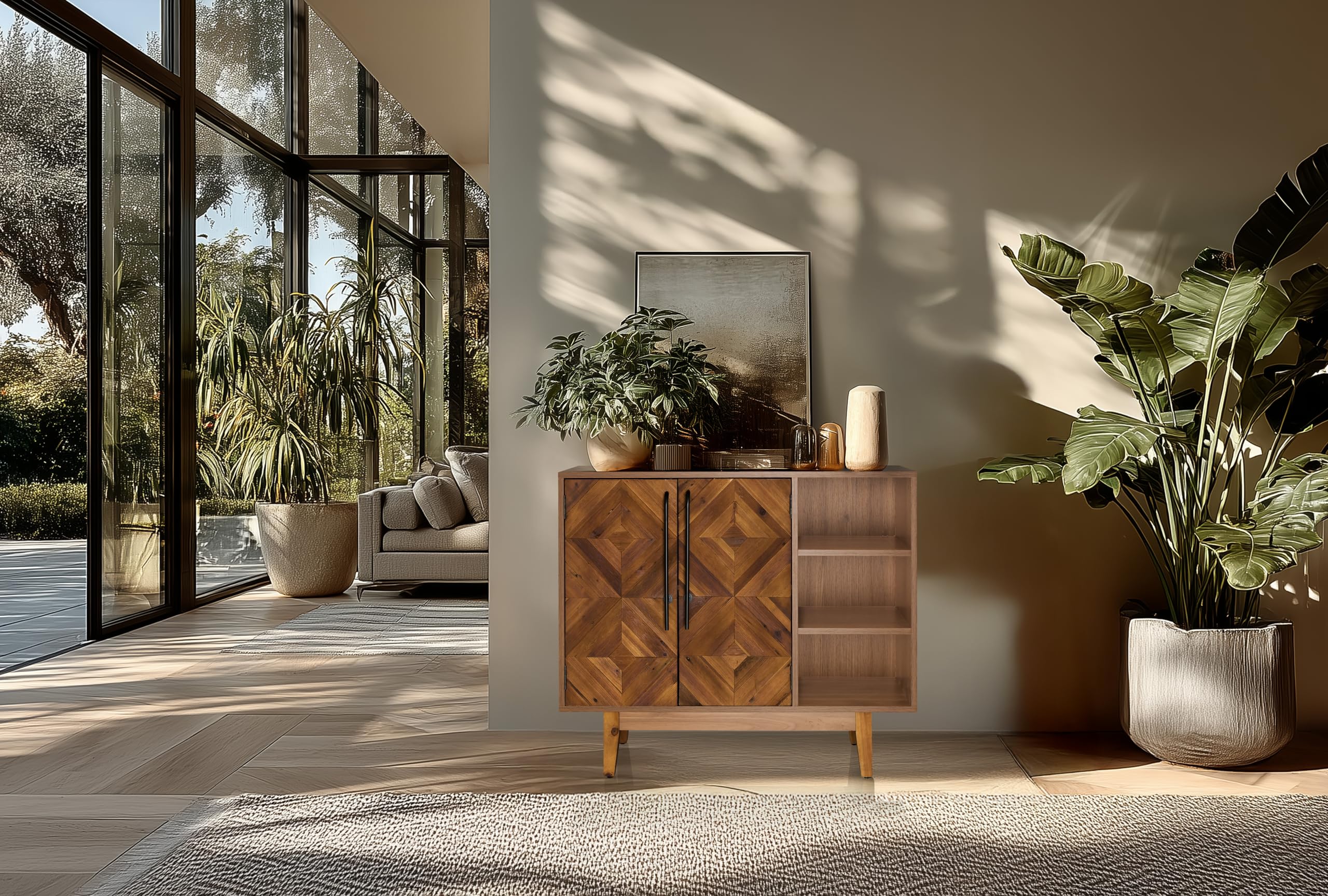 Cómoda de Madera con Aspecto de Espiga SANTJAGO Wood L Cómoda con 2 Puertas y 3 Compartimentos Abiertos, Mueble de almacenaje 95 x 32 x 79,5 cm