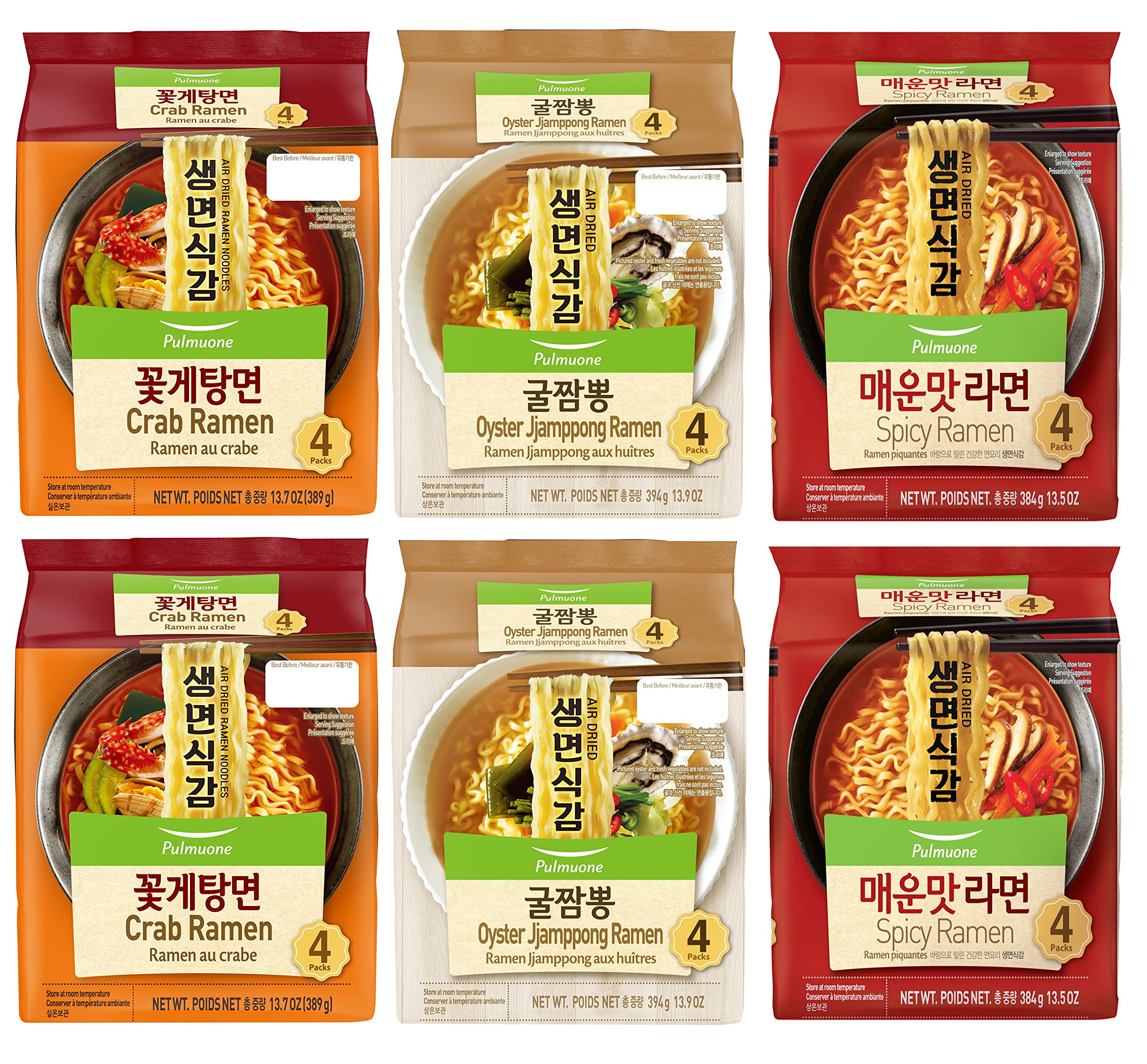Pulmuone "Air Dried" Korean Ramen Noodles 6-Pack Variety Combo - 2 Crab, 2 Oyster Jjamppong & 2 Spicy Ramen