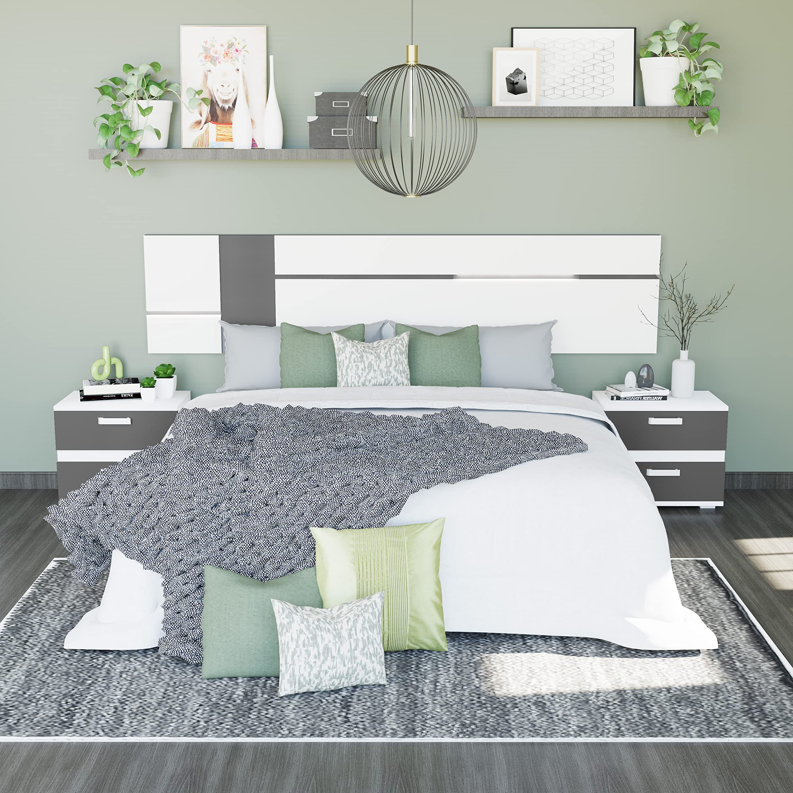 duehome | Pack Cabecero con Leds y 2 Mesitas de Noche, Dormitorio Doble, Dormitorio Completo, Modelo Ataneq Air, Acabado en Blanco y Grafito