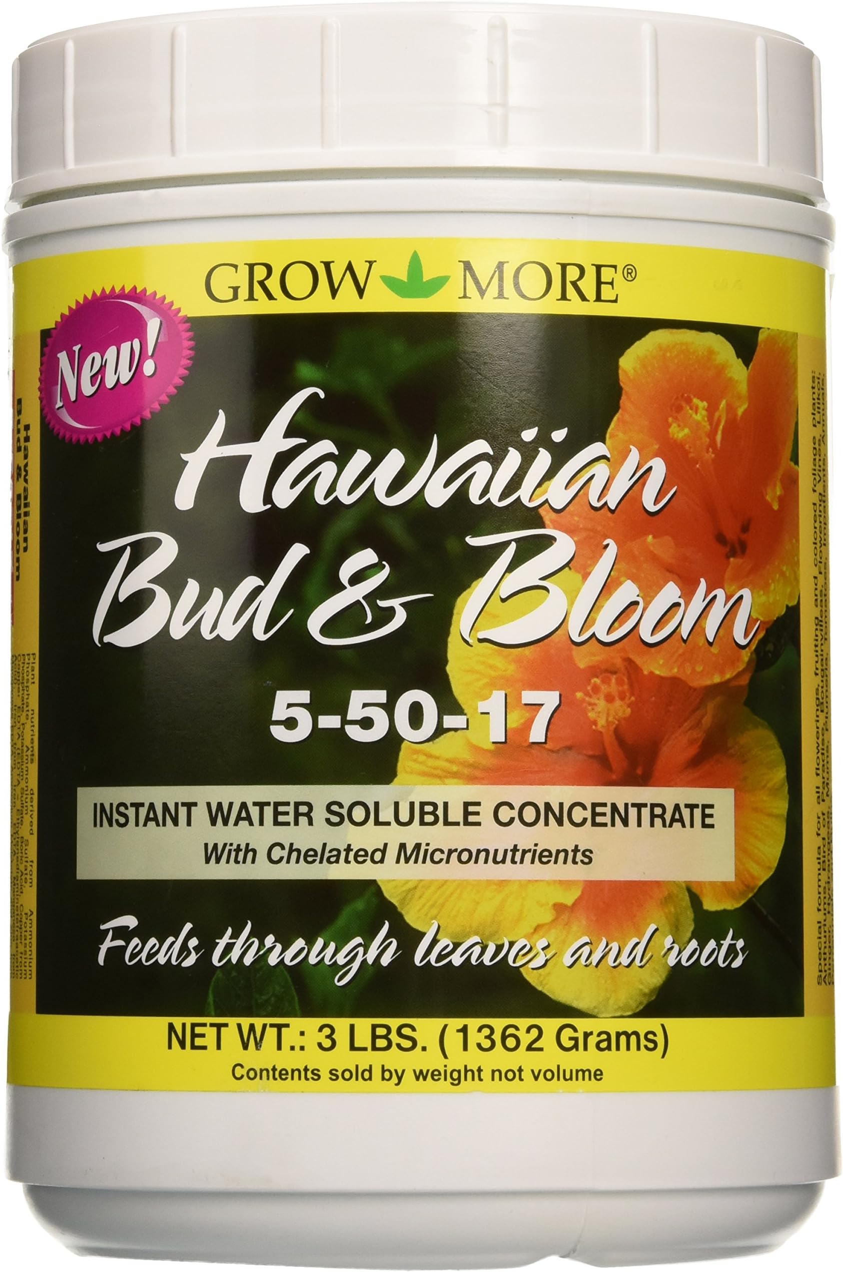 Grow More Urea-Free Hawaiian Bud and Bloom 5-50-17 Fertilizer - 3lbs of Water Soluble Bloom Booster Fertilizer for Flowers - High Phosphorus Flower Food for Enhanced Bud Formation & Vigorous Blooms