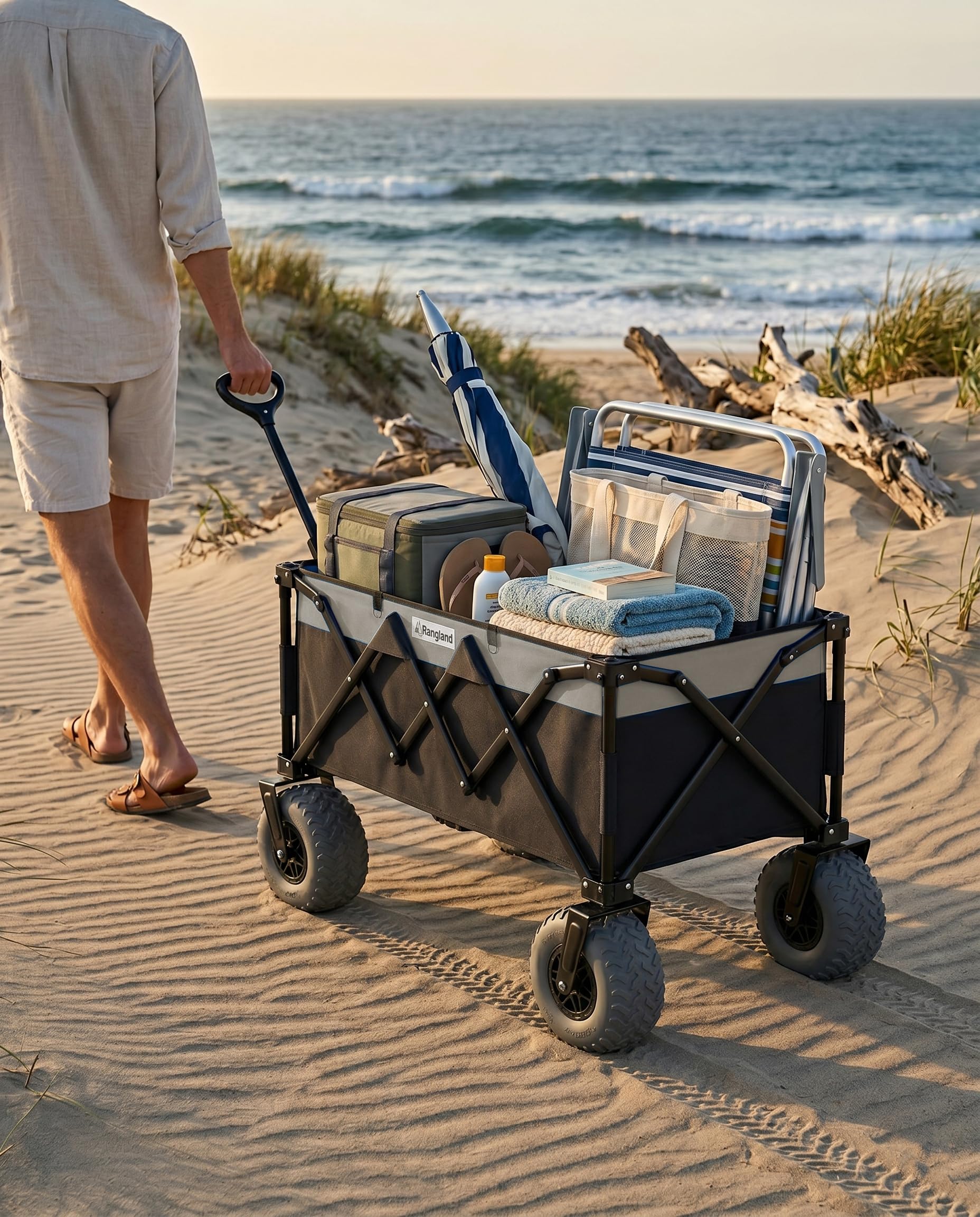 Beach Wagon - Carrello pieghevole per tutti i terreni con ruote grandi per sabbia e ghiaia, capacità 136 kg, colore: nero/grigio