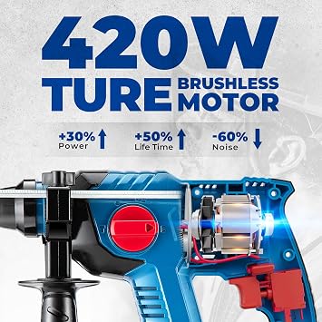 DongCheng 20V Max Cordless Rotary Hammer Drill, 7/8 SDS-Plus, 4 Application Modes, Brushless, 2.1 Joules, Cordless Demolition Hammer for Concrete, Including 4.0Ah Battery and Charger, 4 Drill Bits