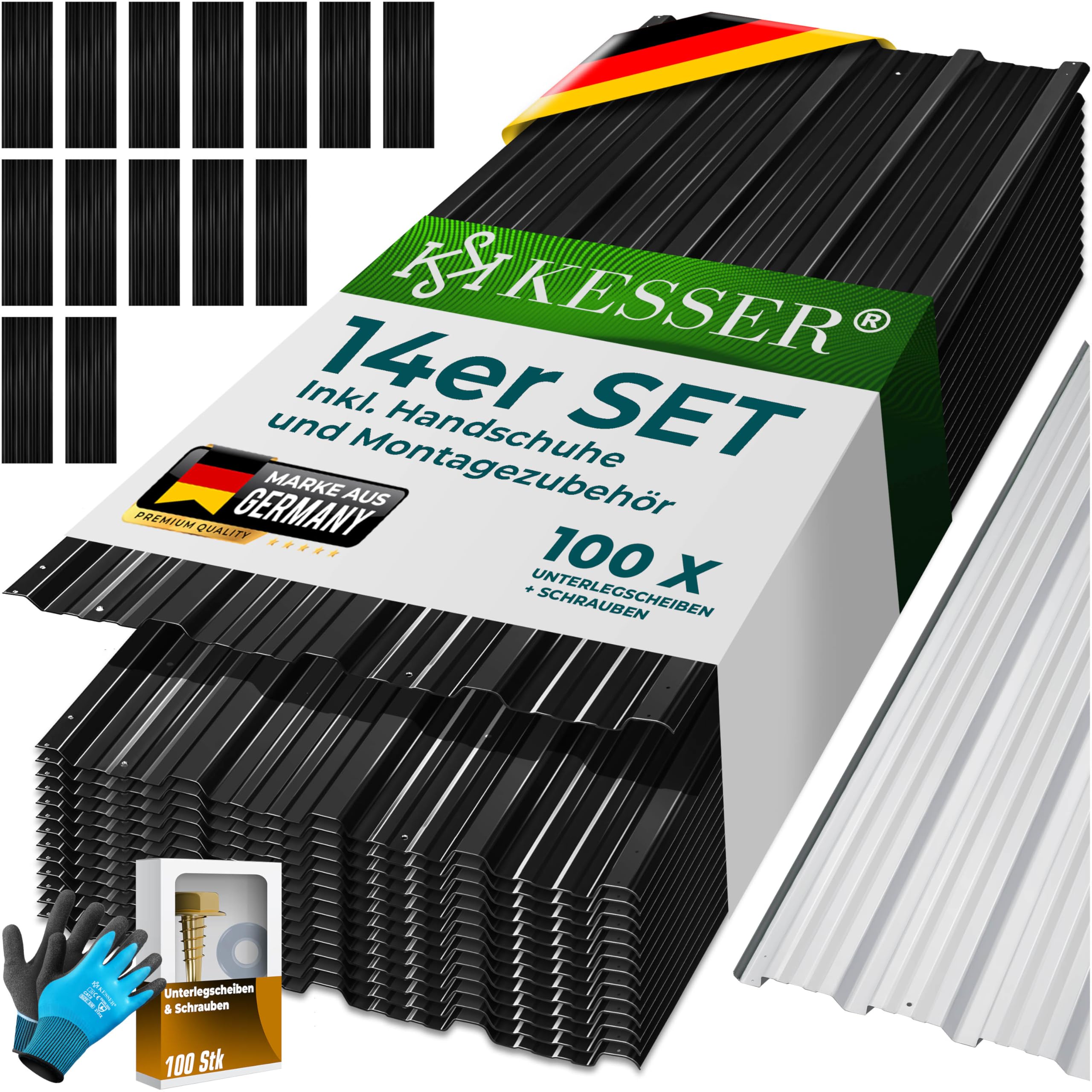 KESSER® 14 Stück Trapezblech Profilblech Set 110x46cm, 7 m² Dachblech verzinkter Stahl 0,25mm, Dachplatten für Gerätehaus, Schuppen & Dach + Schrauben, Unterlegscheiben & Montagehandschuhe, Schwarz