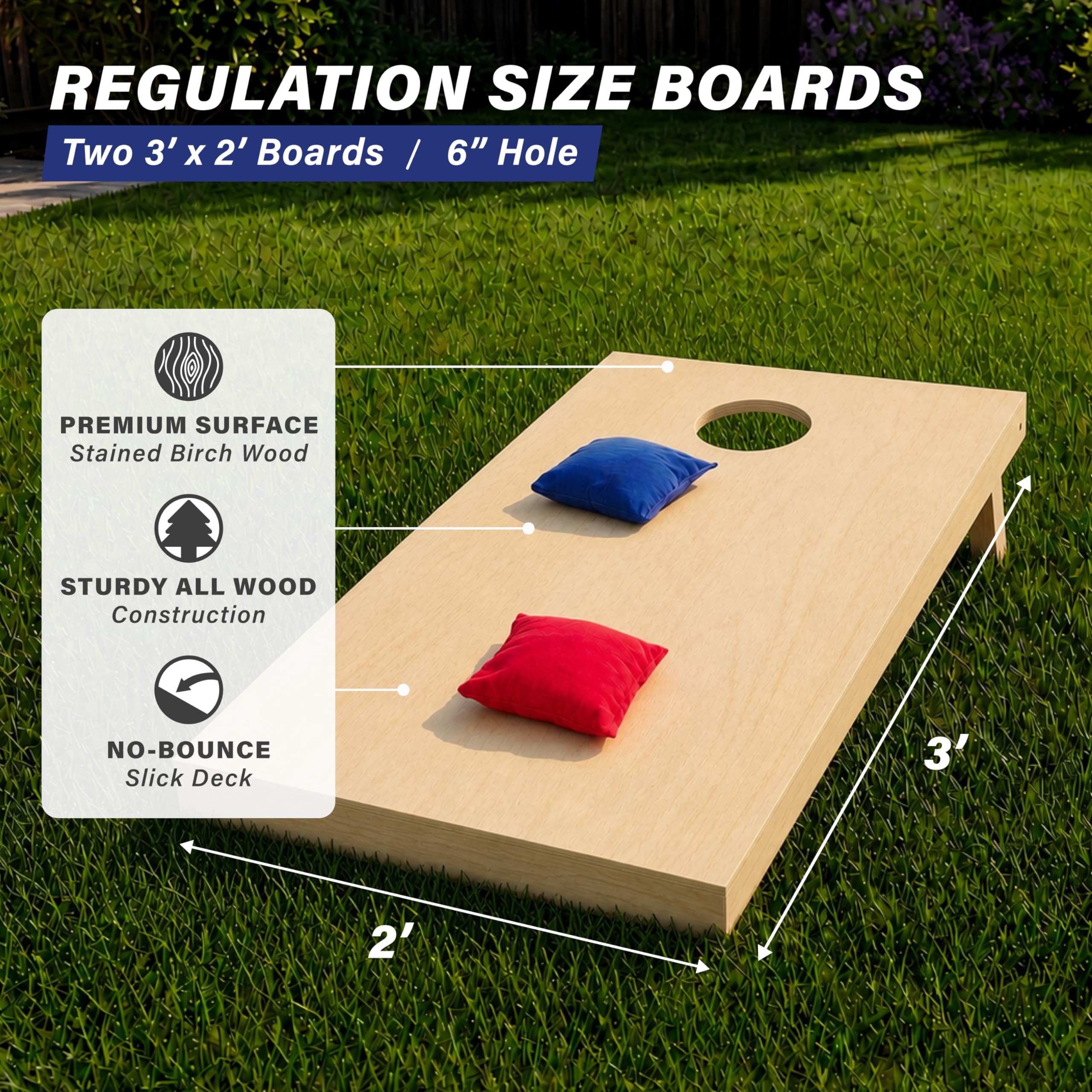 GoSports Juego de Cornhole de Madera Maciza, Elige tableros de Juego de 4 x 2 pies o 3 x 2 pies, Incluye 8 Bolsas de Lanzamiento de Cornhole