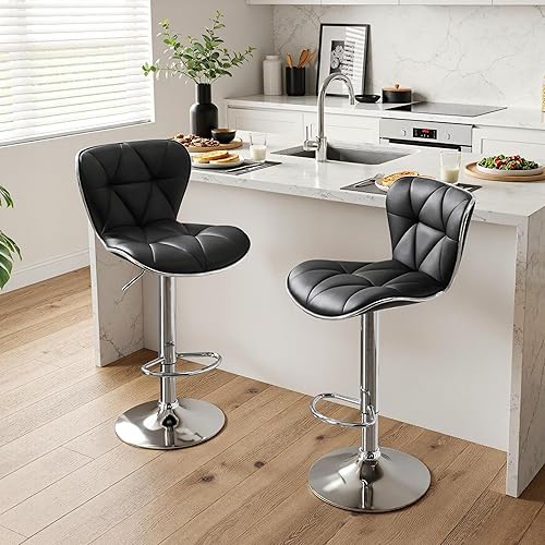 Miniatura 2 de Yaheetech Juego de 2 taburetes de bar, taburetes de bar ajustables de piel sintética con respaldo de concha, sillas de bar con reposapiés para Negro
