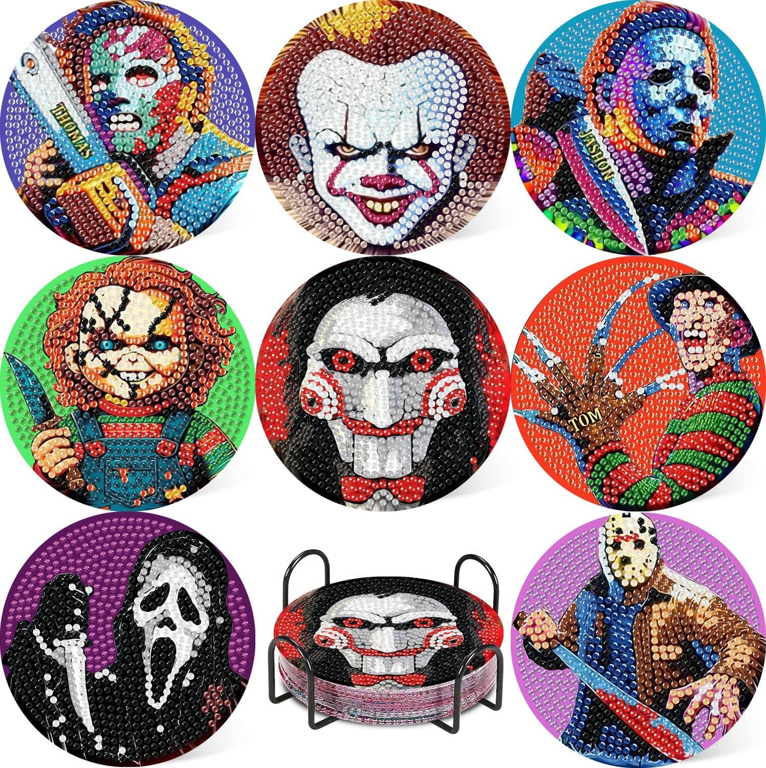 8 Pcs Horror Diamond Art Painting Coasters Kits,Halloween Coaster with Holder for Adults, Non-Slip DIY Dot Paint Craft Kits,5D Full Drill DIY Diamond Dot Gem Art Kit Home Decor Arts Craft