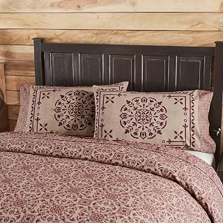 VHC Brands Custom House Burgundy & Tan Jacquard Standard Pillow Case Set of 2 21x30+4, Cotton Pillow Case, Country Covers for Pillows, Custom House Collection, Rectangle 21x34, Natural