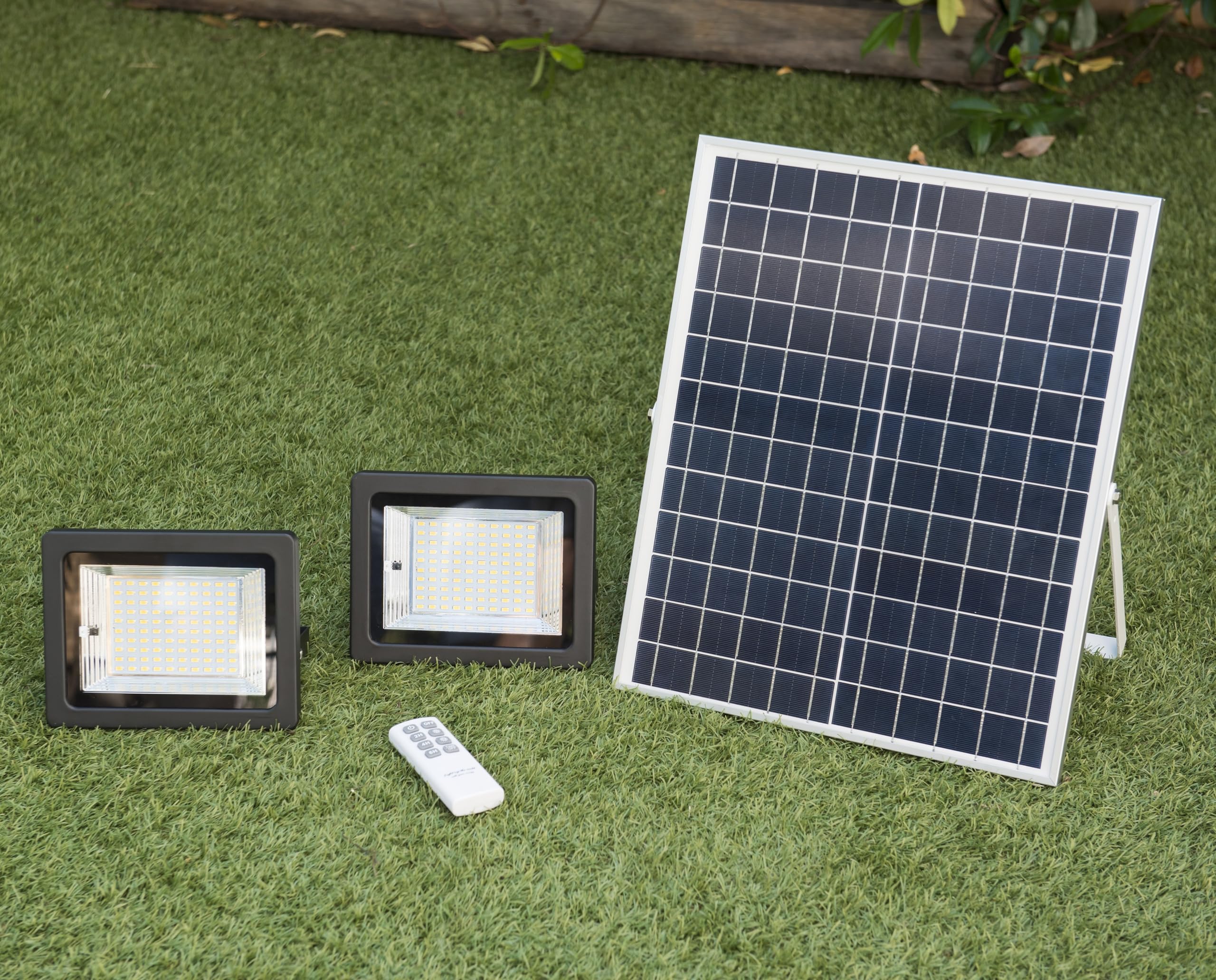 Foco Solar LED con 2 Focos, Luces Exterior con Panel Solar, Batería, Mando a Distancia, Autonomía 8-15 Horas (2 Focos, Luz Cálida 2700K)