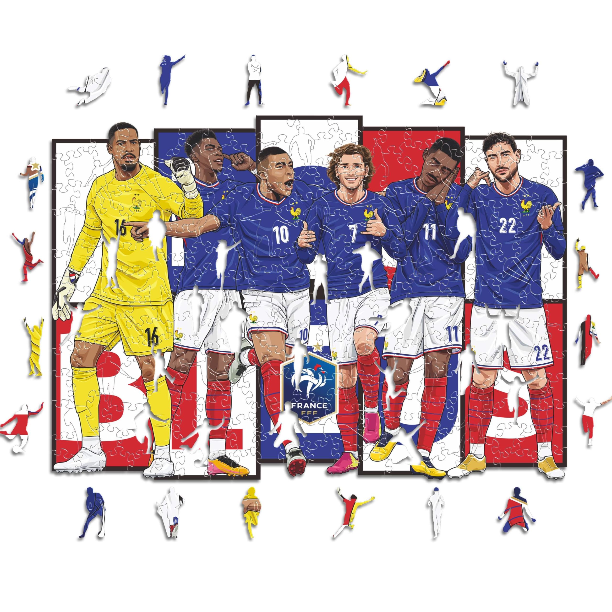 Iconic Puzzles - 6 Joueurs Équipe de France, Puzzle en Bois sous Licence Officielle, 100% Durable, Taille S, 150 pièces