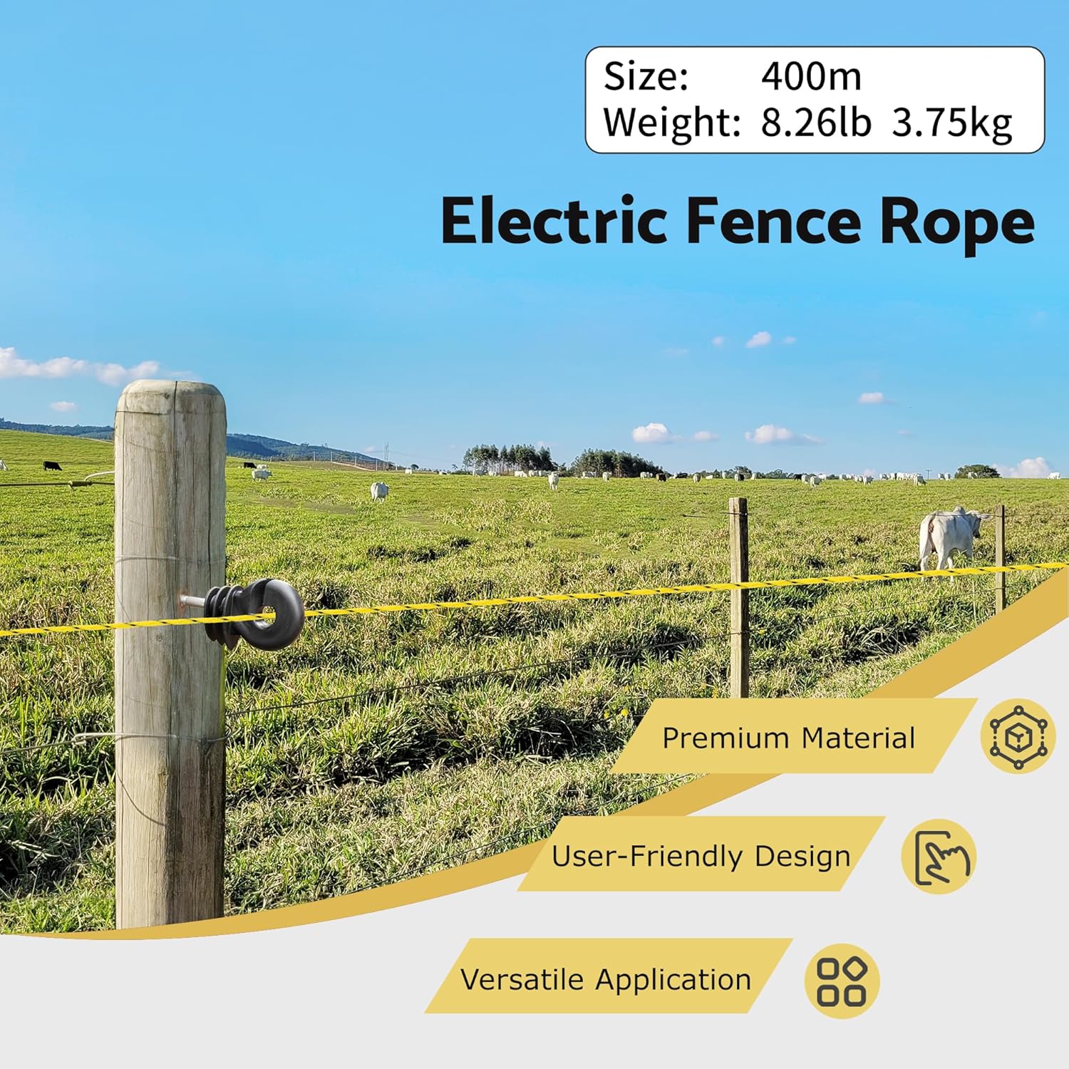Electric Fence Wire, Braided Polyrope 1312 Feet, 4mm Diameter, Portable 6 Braided Copper and stainlee Steel Strength 200kg, Reliable Conductivity and Rust Resistance, Horse Fencing