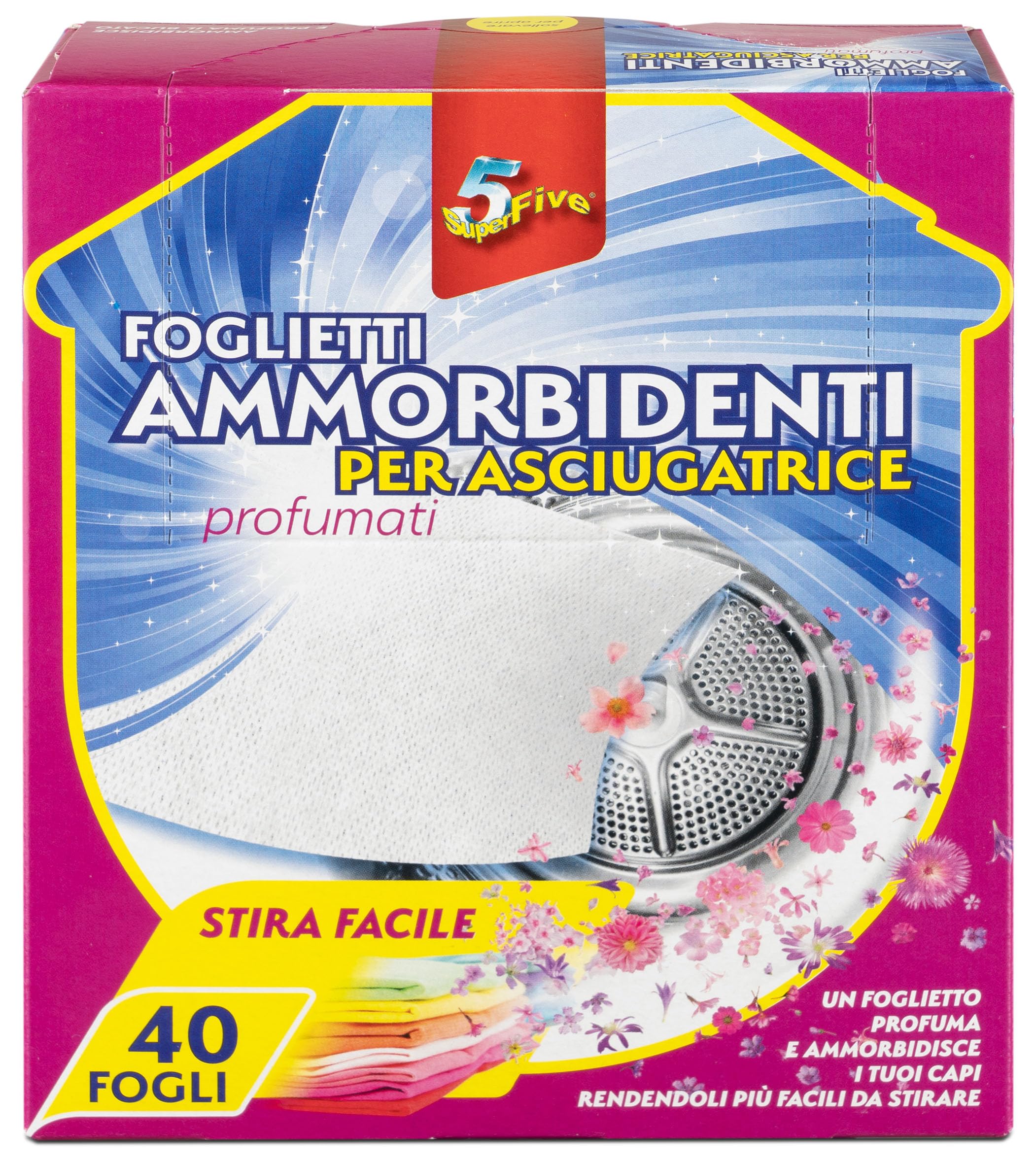 SUPERFIVE, Foglietti Ammorbidenti per Asciugatrice, Profumati e Antistatici, Capi Morbidi, Stiratura Facile (40 pezzi x 6 pack)