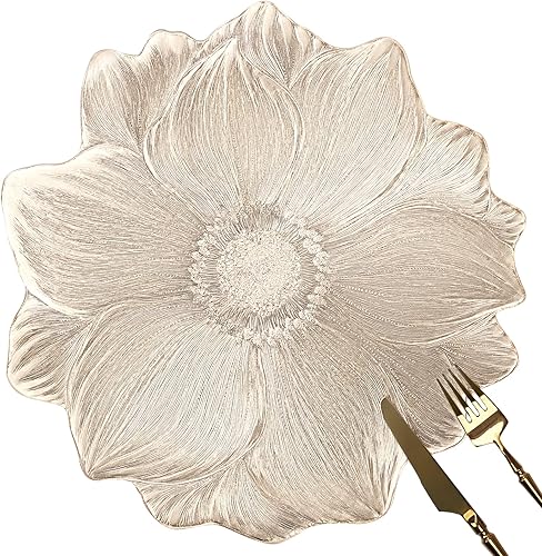 Miniatura 8 de fanquare Juego de 6 manteles individuales redondos metálicos plateados de 15 pulgadas, diseño de flor de loto prensada, vinilo lavable y