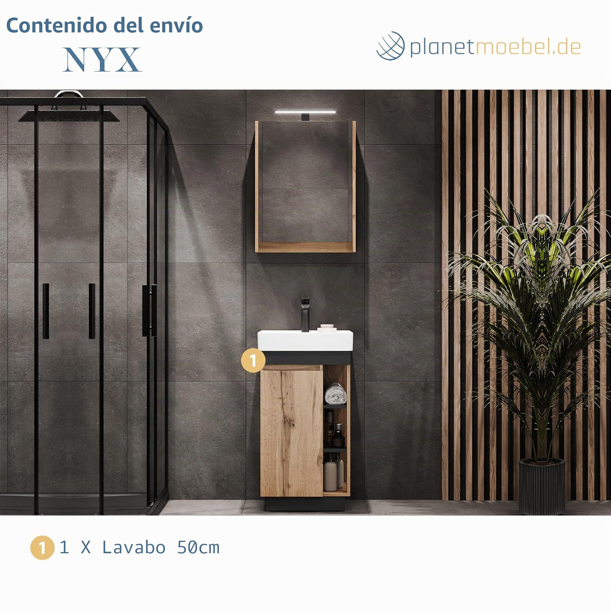 Planetmöbel Nyx Mueble de baño Lavabo con Mueble bajo 50 x 85,9 x 42 cm Roble Wotan/Antracita, Muebles de baño para baño de Invitados, WC