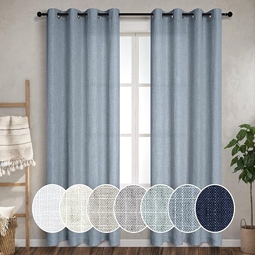 Pitalk Cortinas de lino azul claro de 90 pulgadas de largo para dormitorio, 2 paneles con ojales, cortinas ligeras semitransparentes de algodón con