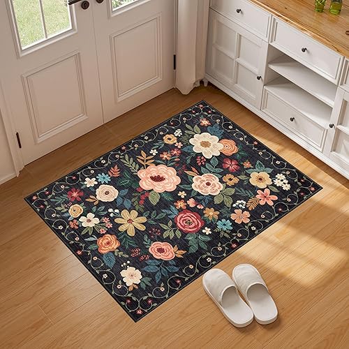 Miniatura 3 de DUKINO Alfombra pequeña de 2 x 3 pies de diseño floralbohemio, antideslizante, lavable, suave y de pelo corto, para puerta delantera. entrada,