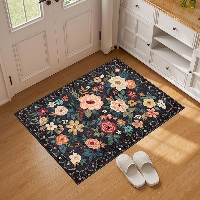 DUKINO Tapete Floral Lavable Antideslizante 60x91 cm Negro miniatura 3