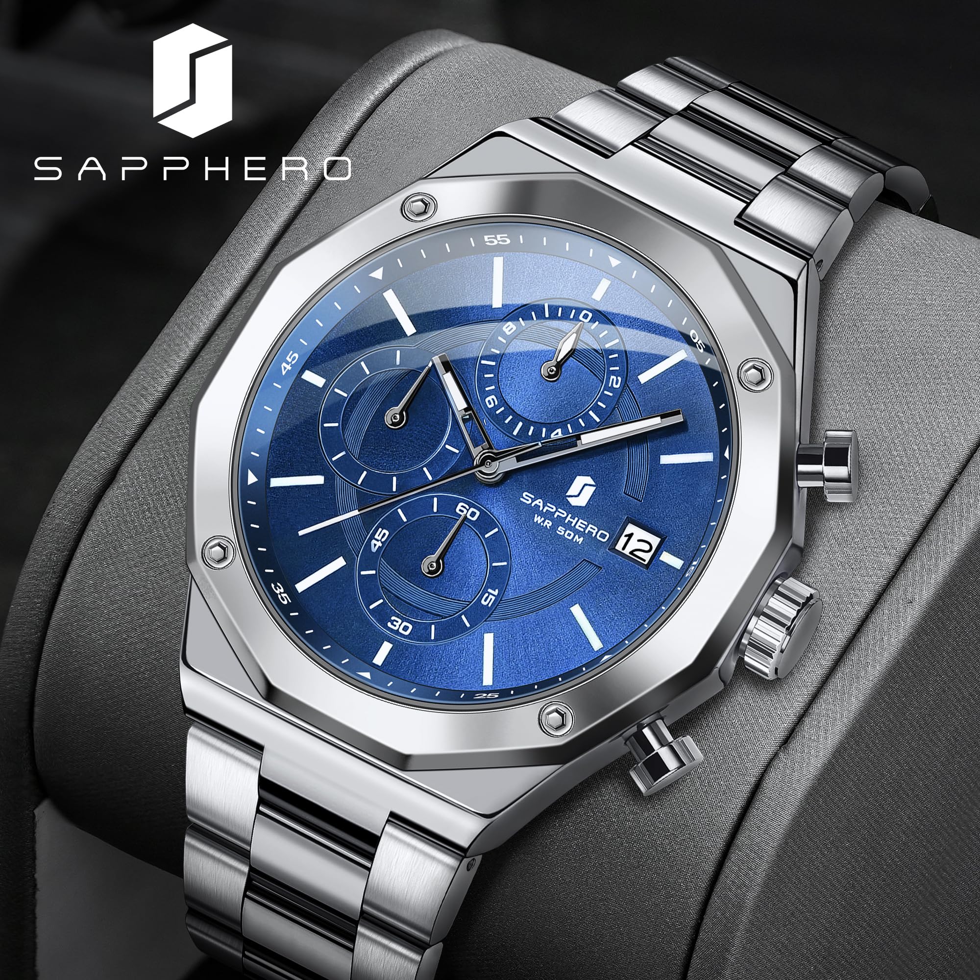 SAPPHERO Orologi Uomo Cronografo Orologi Analogici al Quarzo, Impermeabile 50M, Lancette Luminescenti, Data, Orologio Casual Business, Design Classico, Regalo Elegante