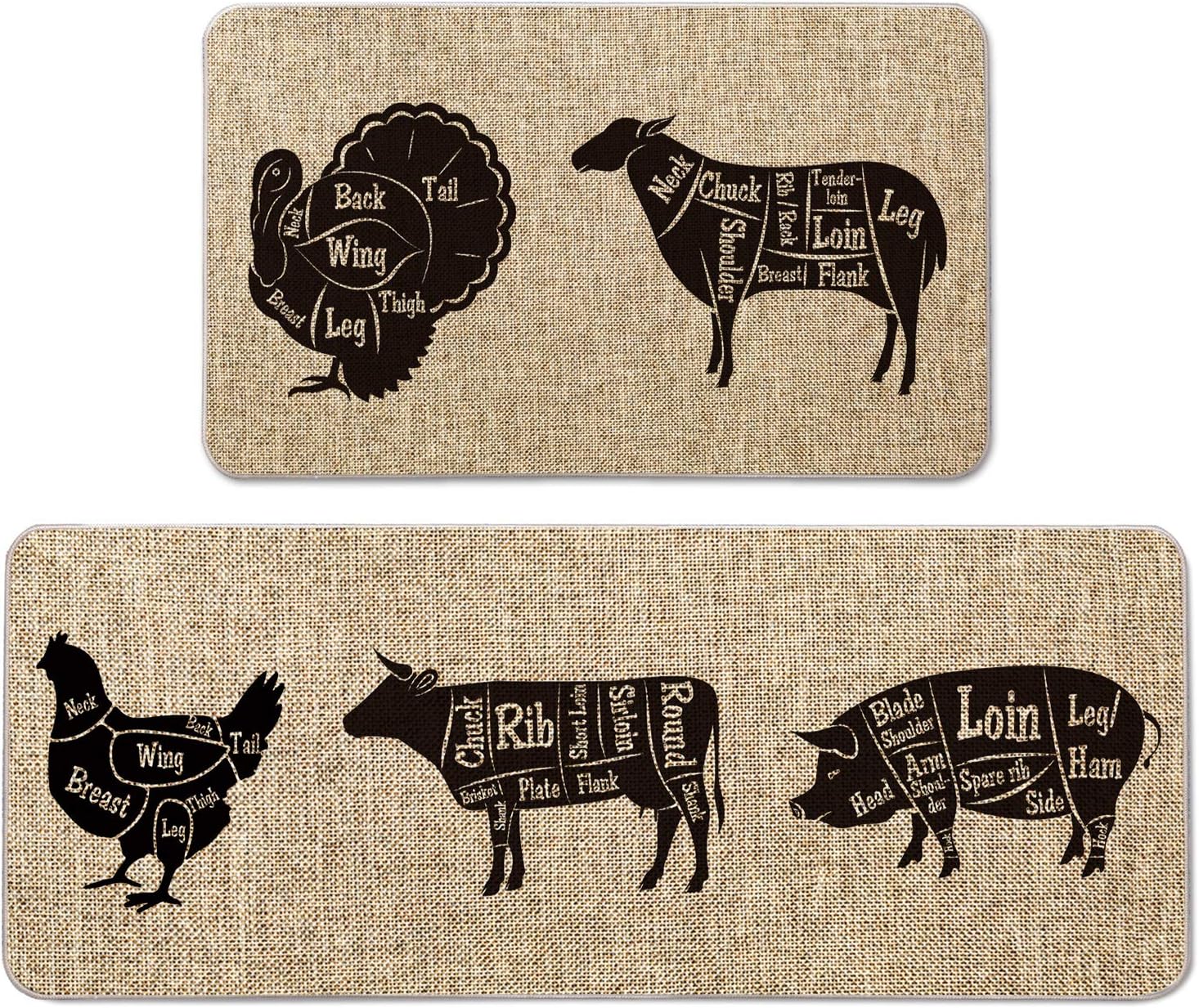 Artoid Mode Turkey Goat Chicken Cow Pig Decorative Kitchen Mats Set of 2, Farmhouse Seasonal Holiday Party Low-Profile Floor Mat for Home Kitchen - 17x29 and 17x47 Inch