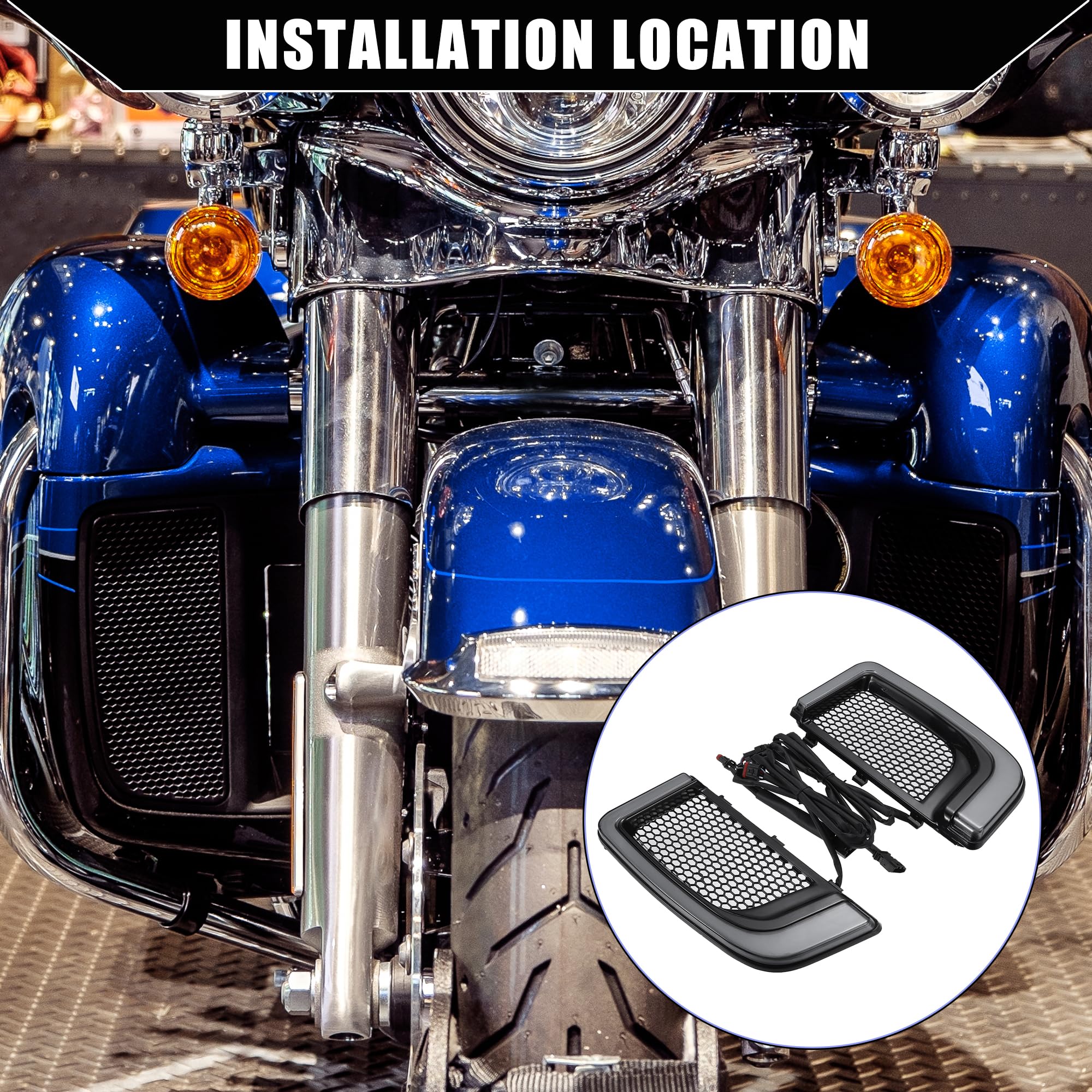 X AUTOHAUX Untere Gitter LED Blinker Für Harley FLHTK 14-20 1 Stück | Schwarz, Kunststoff, 230x106mm, Für Harley Touring FLHTCUL, FLHTCUTG, FLHTK (14-20), 8 Pins, Plug&Play, Wasserdicht