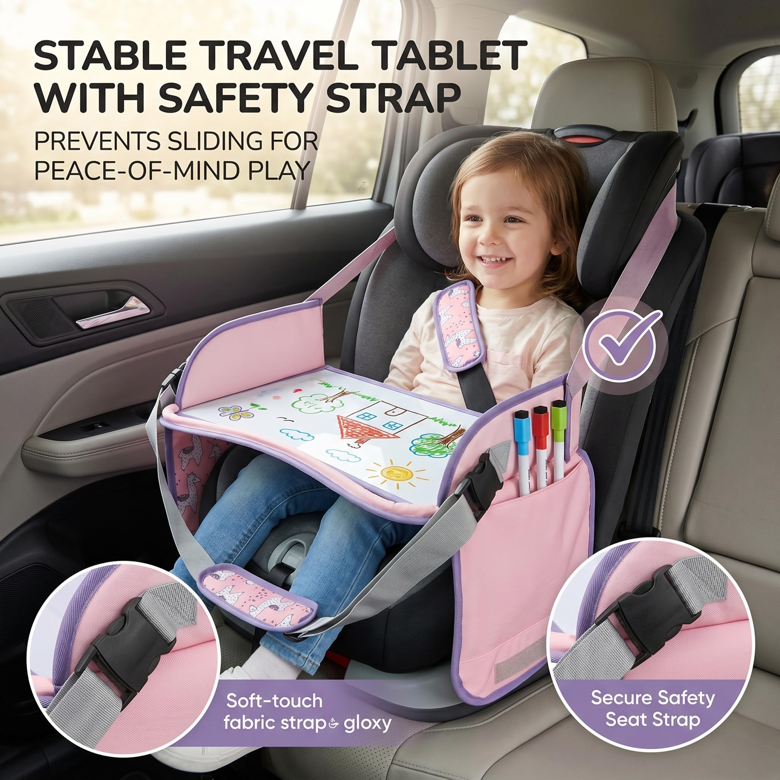 Vassoio da viaggio per seggiolino auto per bambini vassoio da viaggio per bambini con cinghie di sicurezza e tasche portaoggetti seggiolino auto per scrivania da tavolo per disegno e intratteniment