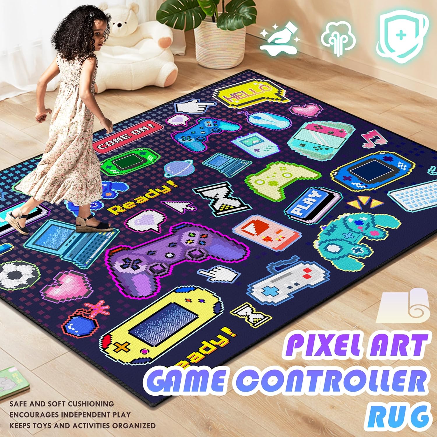 2x3 Game Controller Mat Gamepad with Keyboard Design for Playroom, Pixel Gaming Play Rug for Bedroom, Fun Gamer Art Décor for Game Lover Washable Carpet