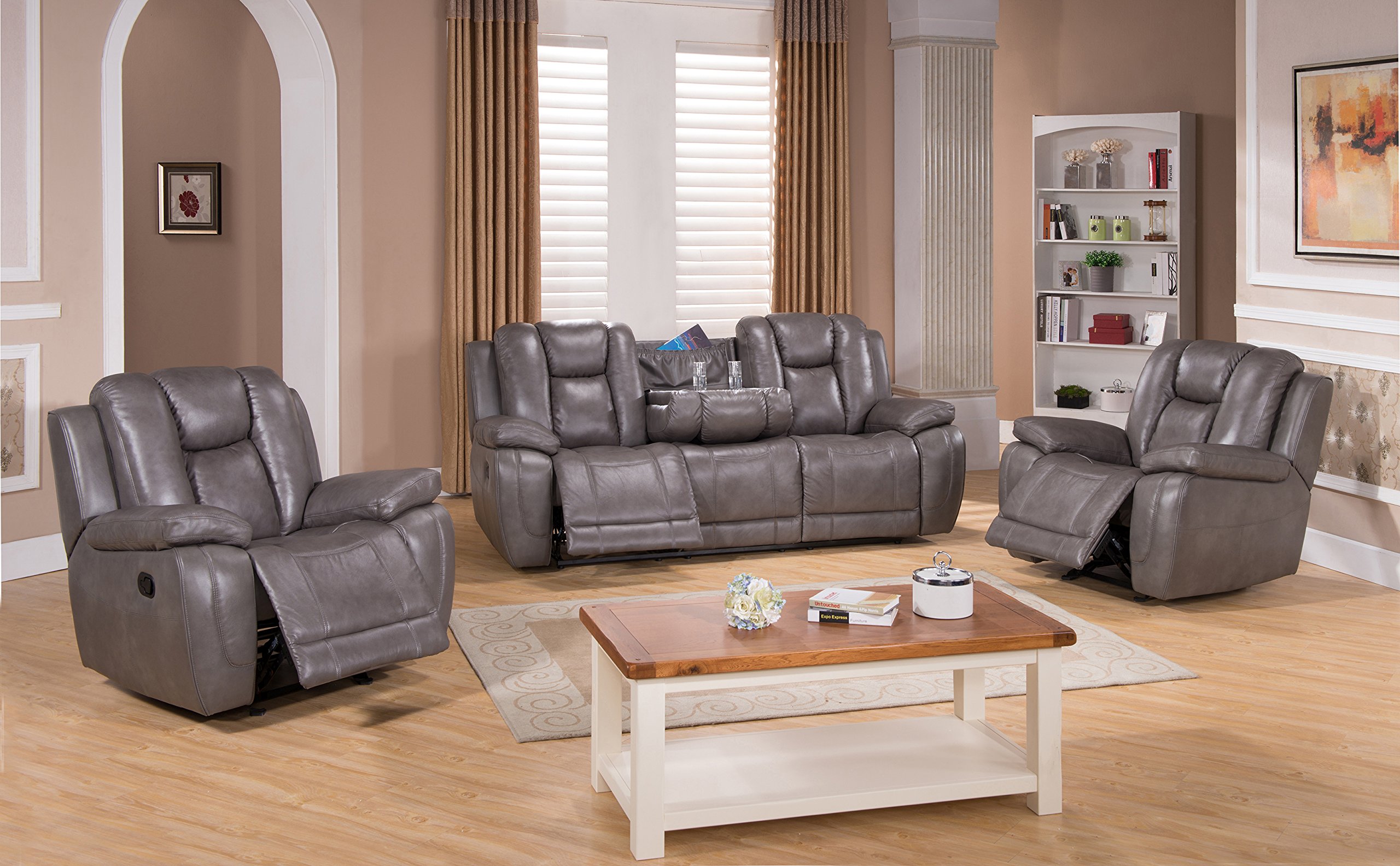 Hydeline 3 Piece Leather Reclining Sofa Set, Smoke Grey