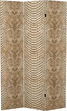 Red Lantern 6 ft. Tall Double Sided Tan Snake Print Canvas Room Divider 3 Panel Freestanding Folding Privacy Screen Partition and Separator for Modern and Contemporary Bedroom Home Office Studio Dorm