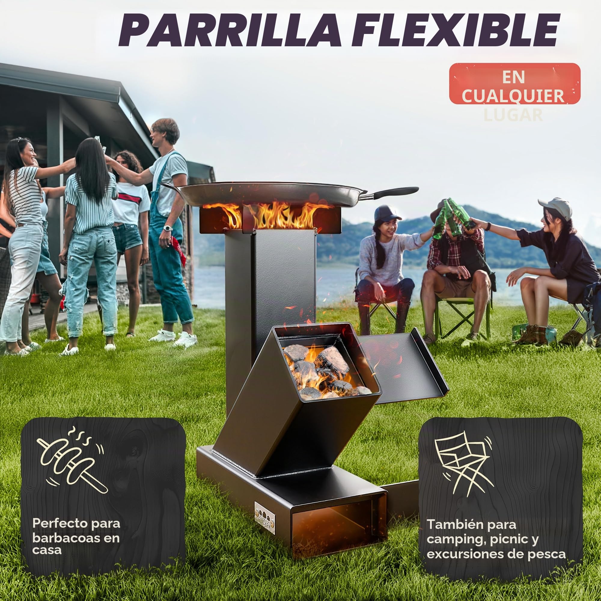 Horno de cohetes exterior para horno holandés, barbacoa, terraza, etc. Sin montaje. Estable y compacto. Rocket Stove como horno de camping para cocinar sin gas ni electricidad. Estufa de cañón