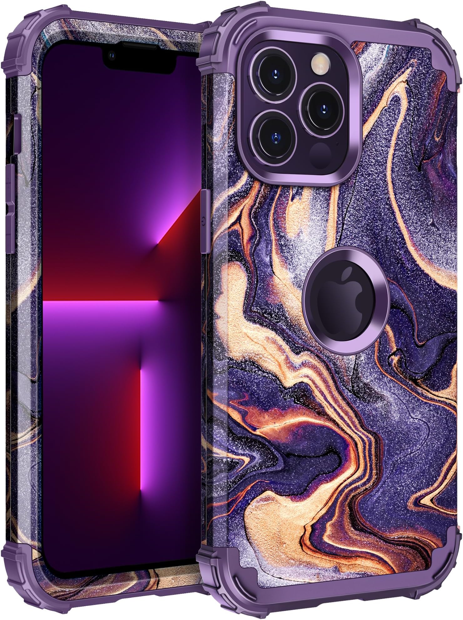 LONTECT iPhone 13 Pro Max Case - 6.7" Marble Shockproof Heavy Duty Cover for Girls & Women, Dark Purple