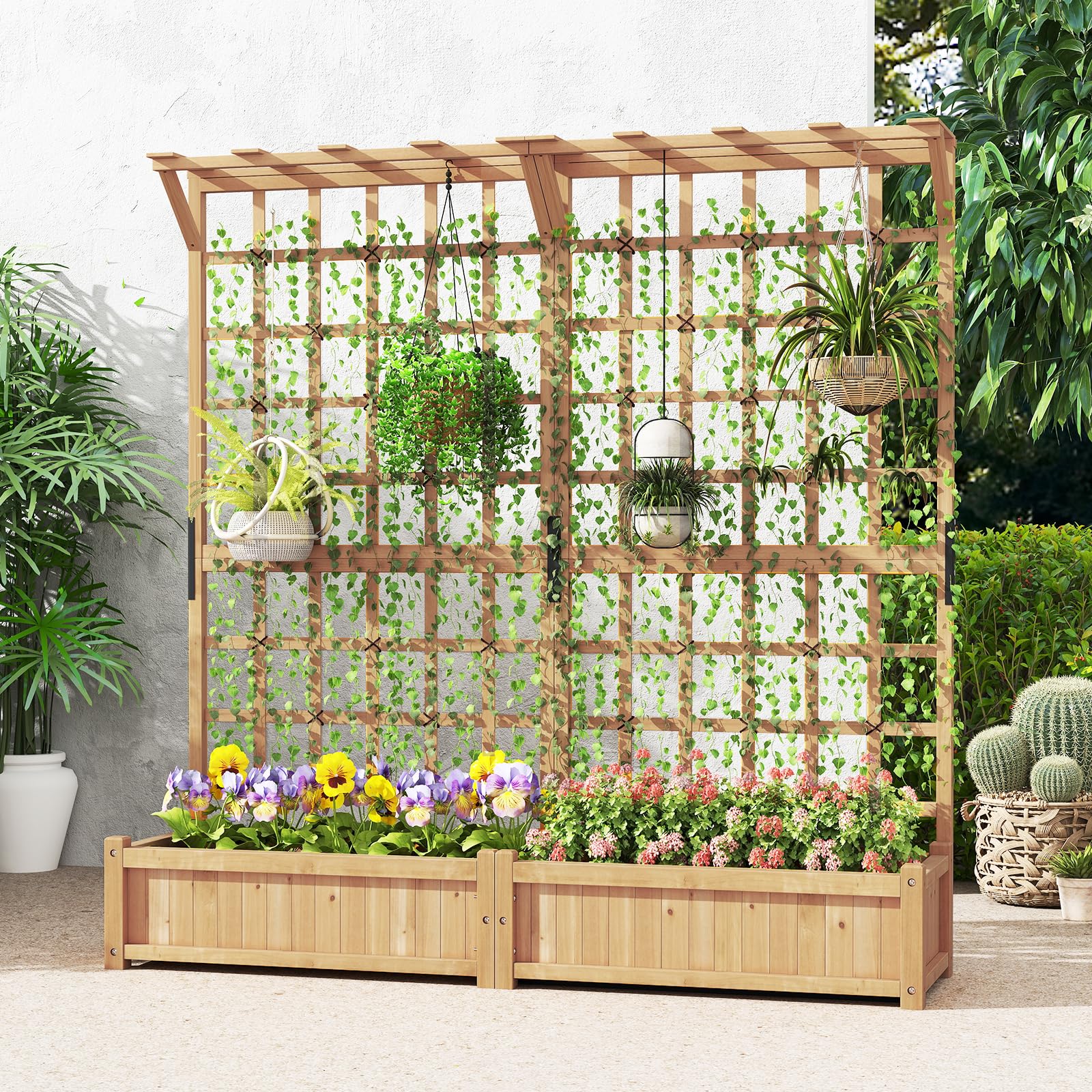 COSTWAY Fioriera in Legno con Traliccoio, Letto da Giardino con Grigliato, Tetto Appeso, 2 Scatole per Piante, 4 Fori di Drenaggio, Aiuola da Giardino Elevata per Piante Rampicanti e Fiori (Naturale)