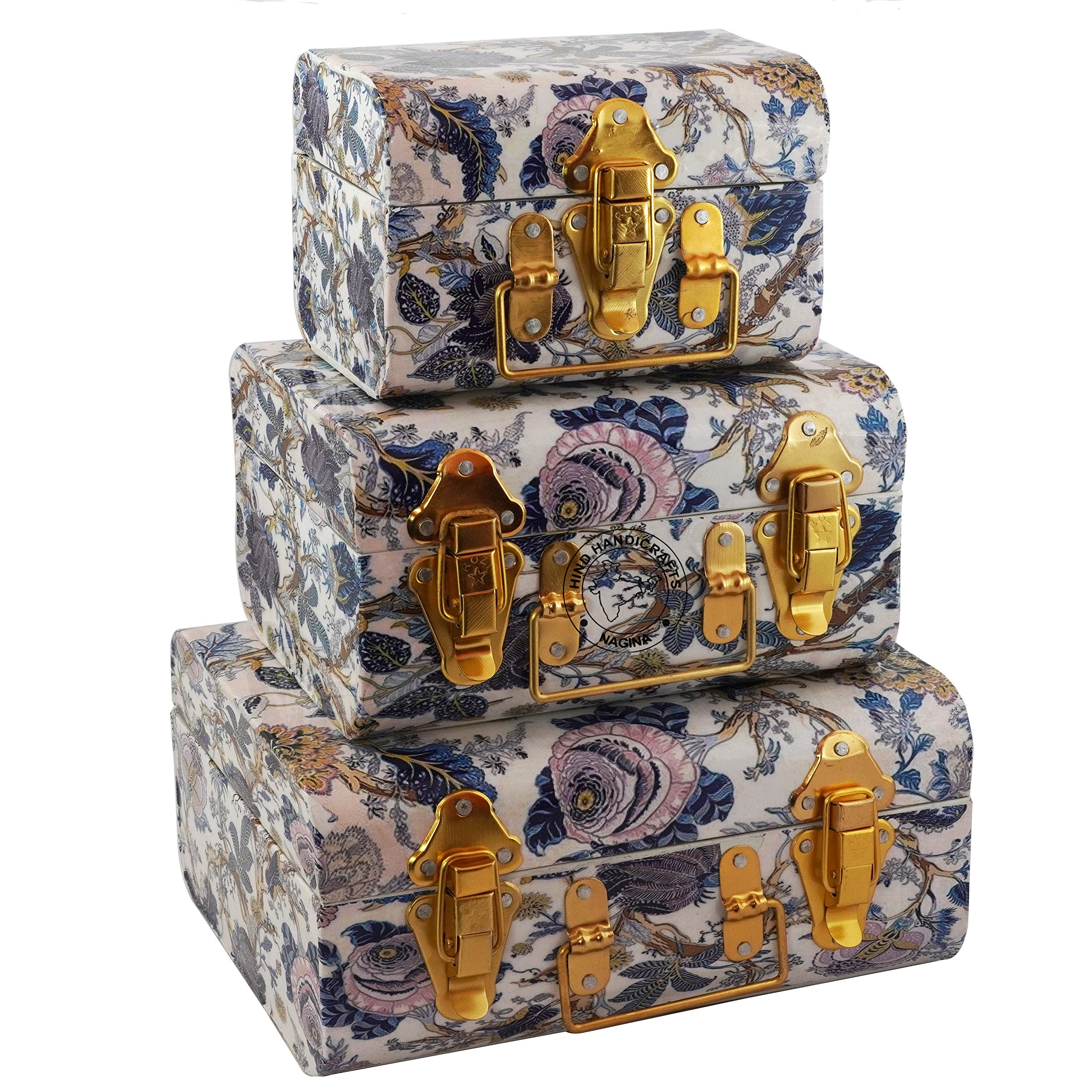 Hind Handicrafts Vintage Style Metal Trunk Jewellery & Trinket Storage Box - Multipurpose Space Saving Organizer Home Dorm & Office Use (Blue, Set of 3)