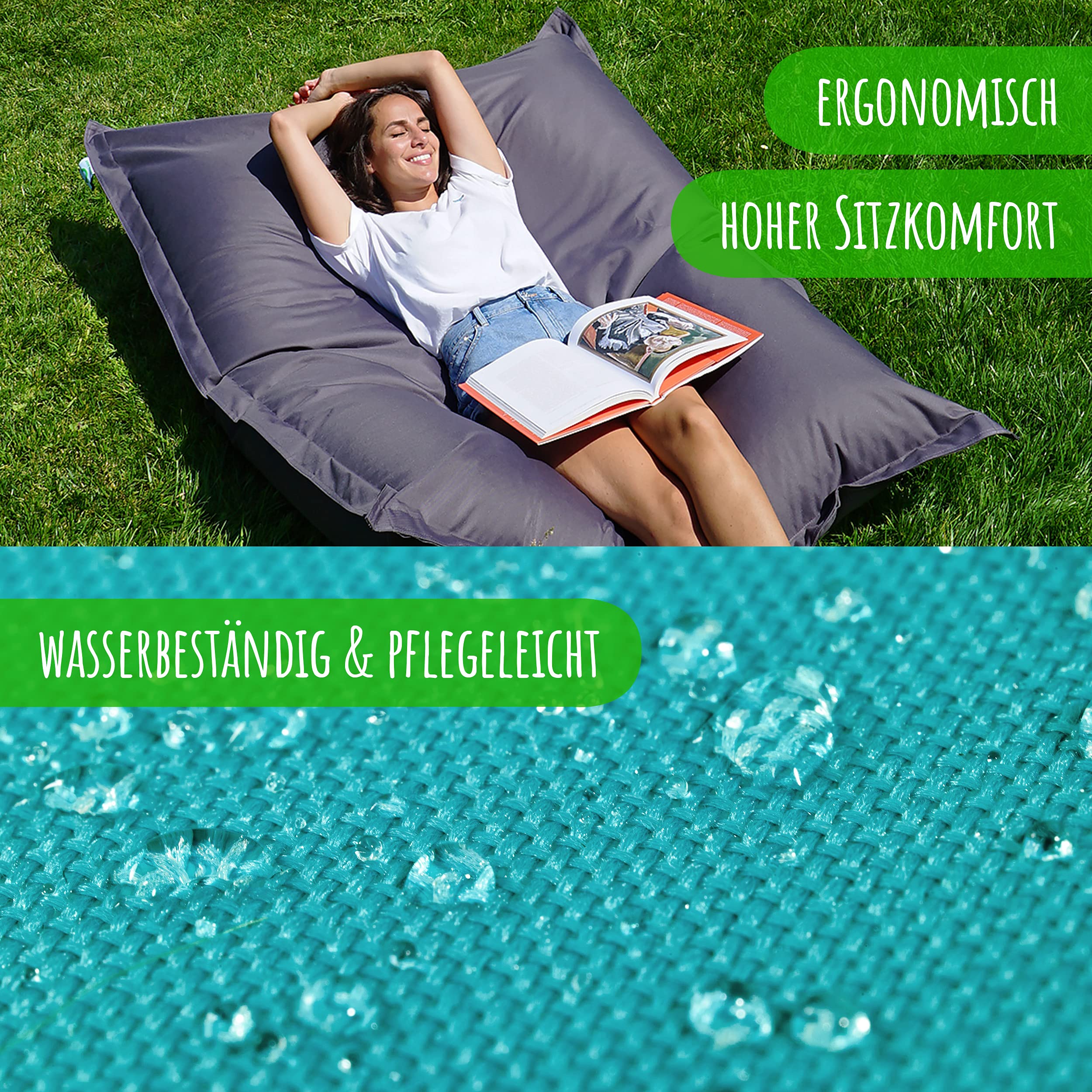 Green Bean Pouf XXL 140x180cm 380L Indoor Outdoor - Bean Bag Géant Lavable Avec Perles EPS, Siège Confortable Beige