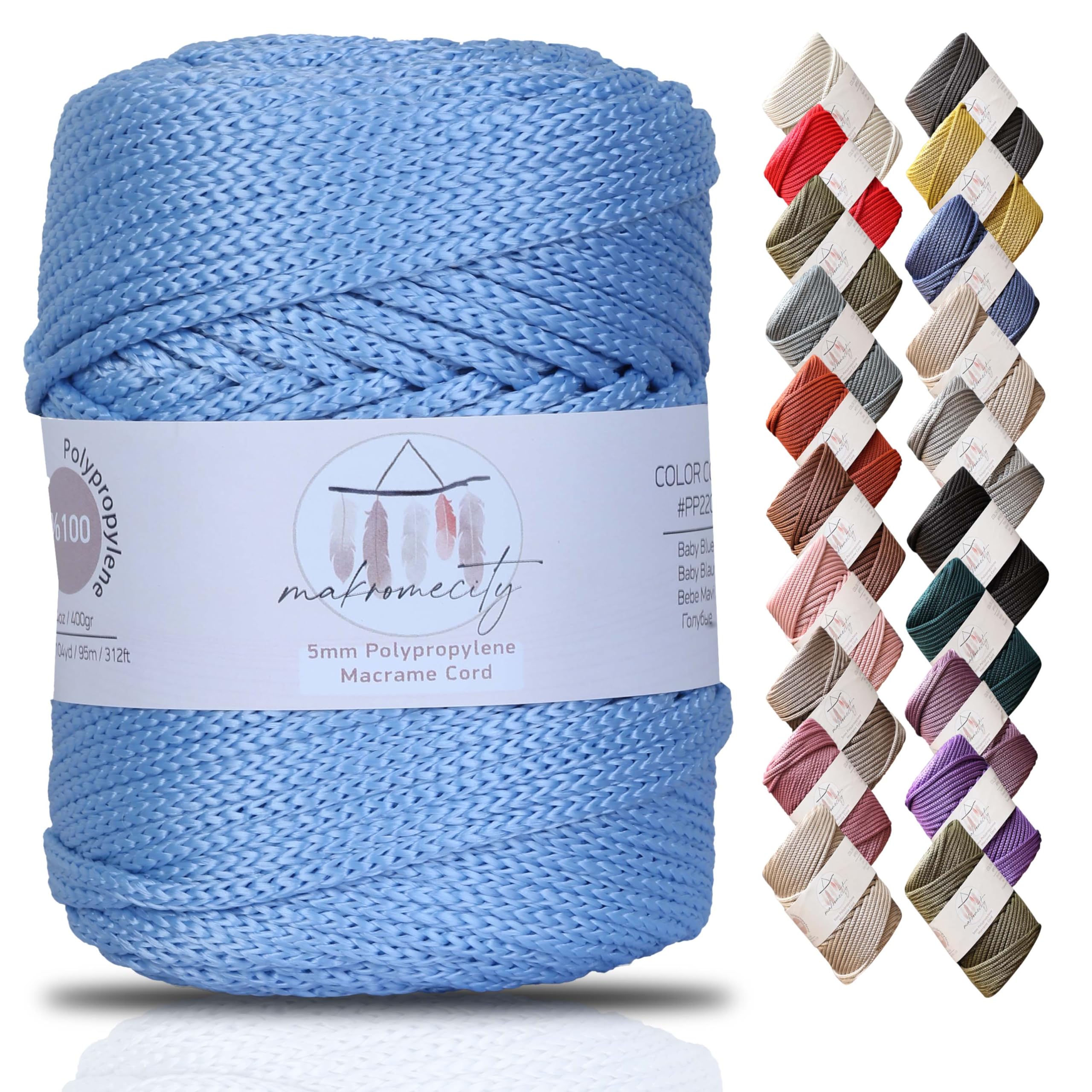 Makromecity Premium Polyester Macrame Cord 5mm x 104 Yards (311 Feet) for Wall Hangings, Bags, Underplate, Rug - Crochet Crafts Polypropylene Cord (Baby Blue) — image 1