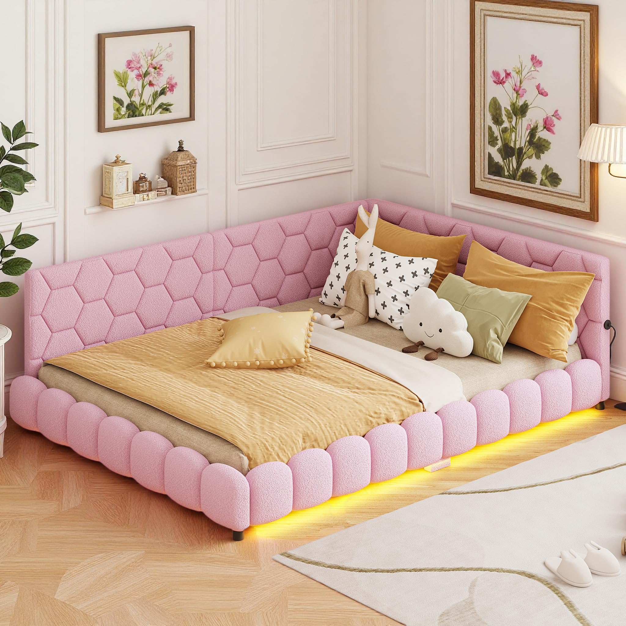 FEEOHOME Sofá cama tapizado de 140 x 200 cm, sofá cama con LED y USB, cama multifuncional con somier y patas para habitación infantil, salón, sin colchón (rosa)
