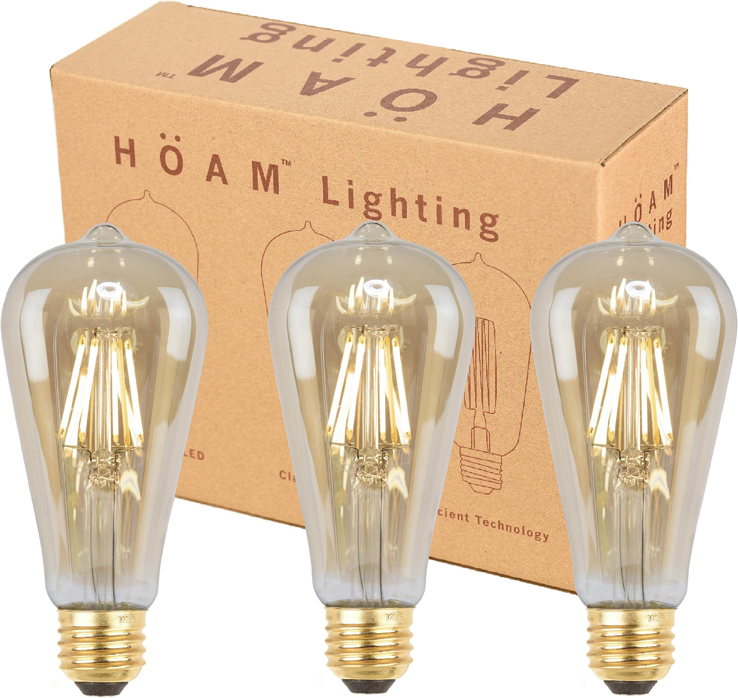 3 Pack Edison Bulbs from HOAM Lighting, Dimmable LED Filament, Antique Style, 8W LED 75W Incandescent Equivalent 2700K Warm Amber Color Temperature, ST18 ST64, E26 E27 Screw Cap, 120V