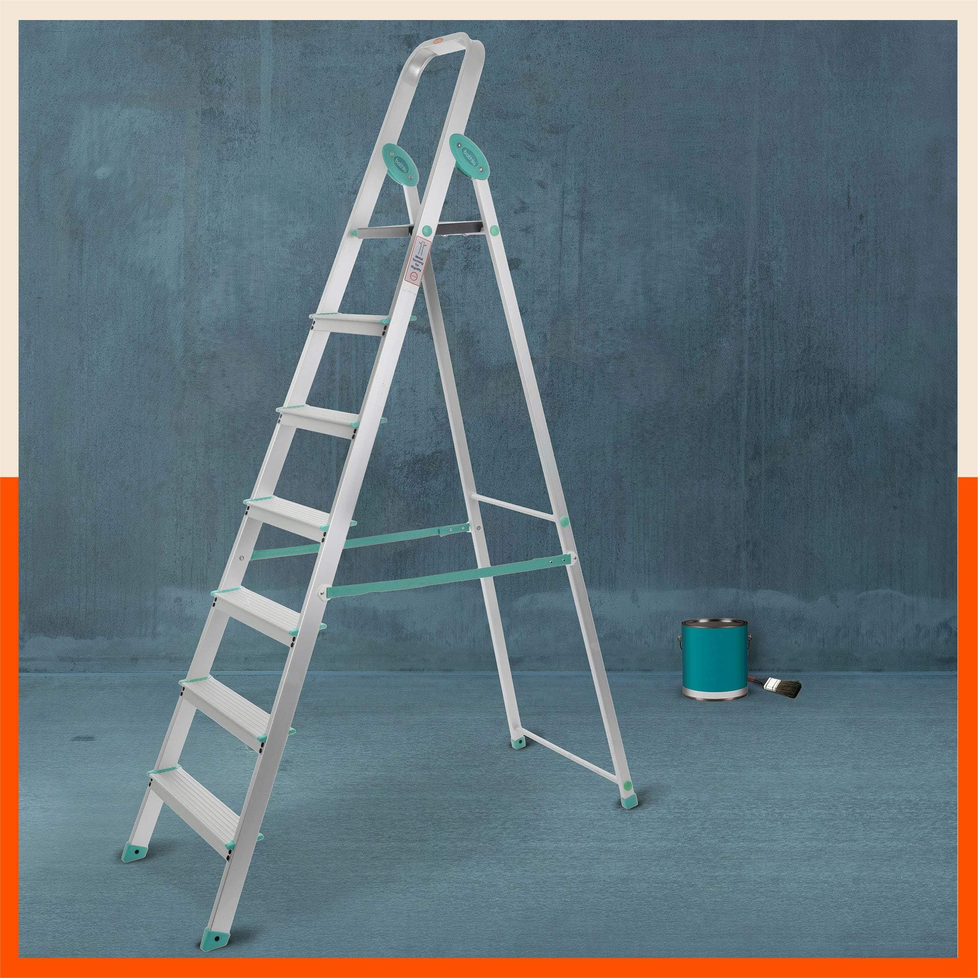 Bathla Advance Carbon - 7 Step Foldable Aluminium Ladder with Scratch Resistant Smart Platform and Sure-Hinge Technology (Teal)